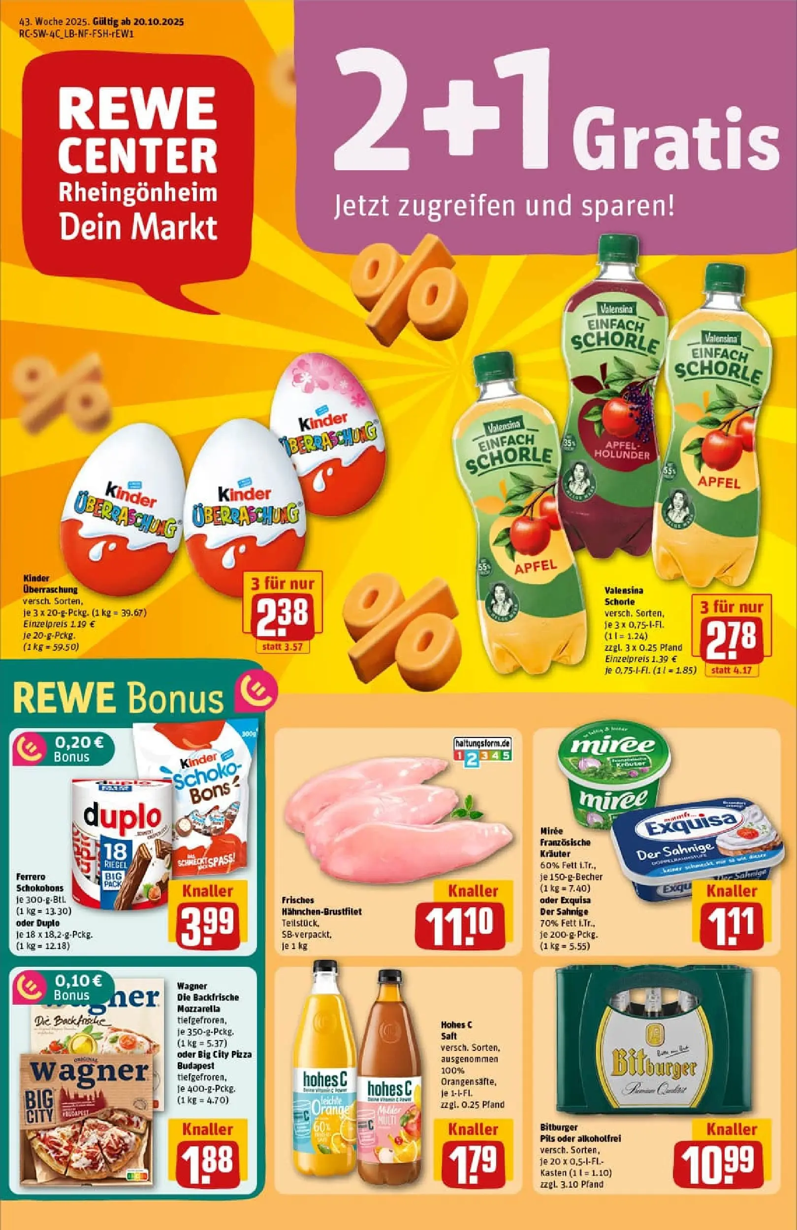 REWE Prospekt ab 19.10.2025 zum Blättern » Angebote | Seite: 1 | Produkte: Pils, Valensina, Pizza, Saft
