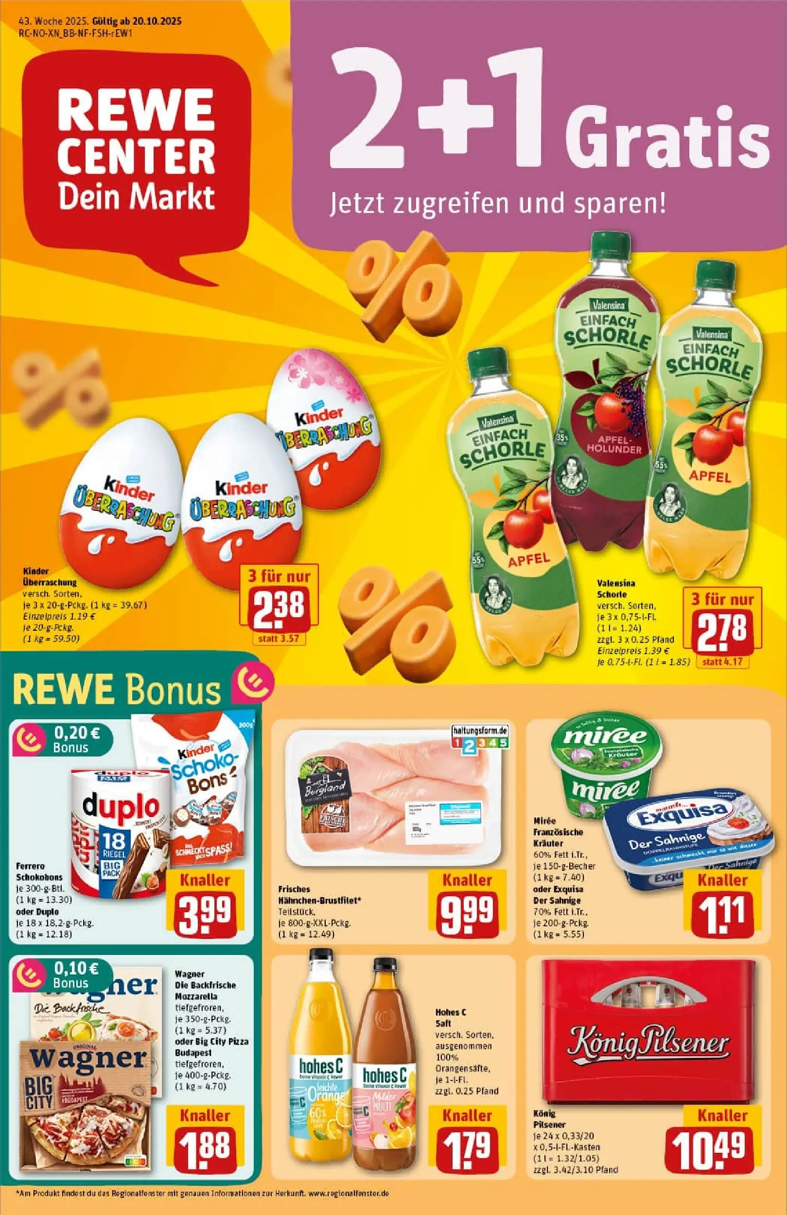 REWE Prospekt ab 19.10.2025 zum Blättern » Angebote | Seite: 1 | Produkte: Konig pilsener, Äpfel, Hohes c, Pizza