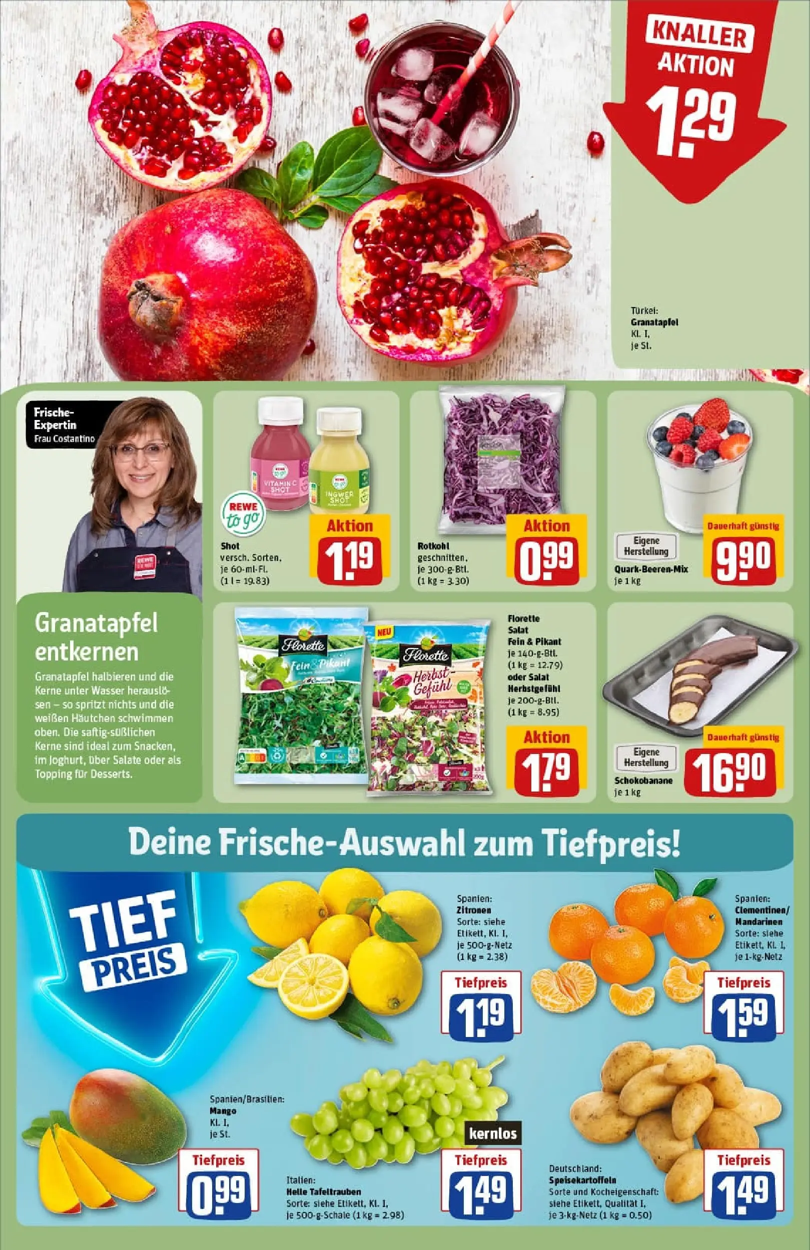REWE Prospekt ab 19.10.2025 zum Blättern » Angebote | Seite: 8 | Produkte: Granatapfel, Mandarinen, Salat, Zitronen