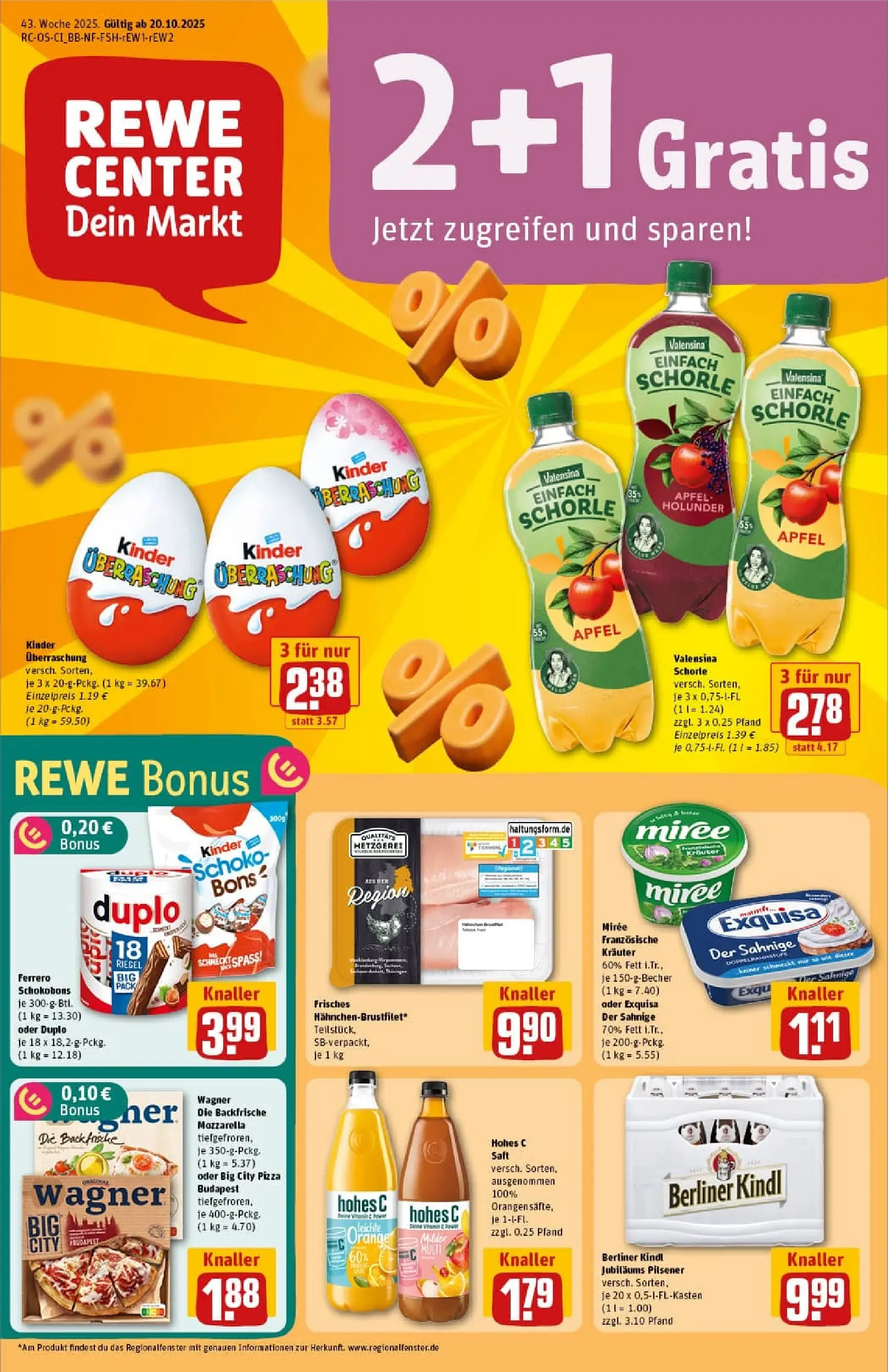 REWE Prospekt ab 19.10.2025 zum Blättern » Angebote | Seite: 1 | Produkte: Berliner, Mozzarella, Äpfel, Pizza