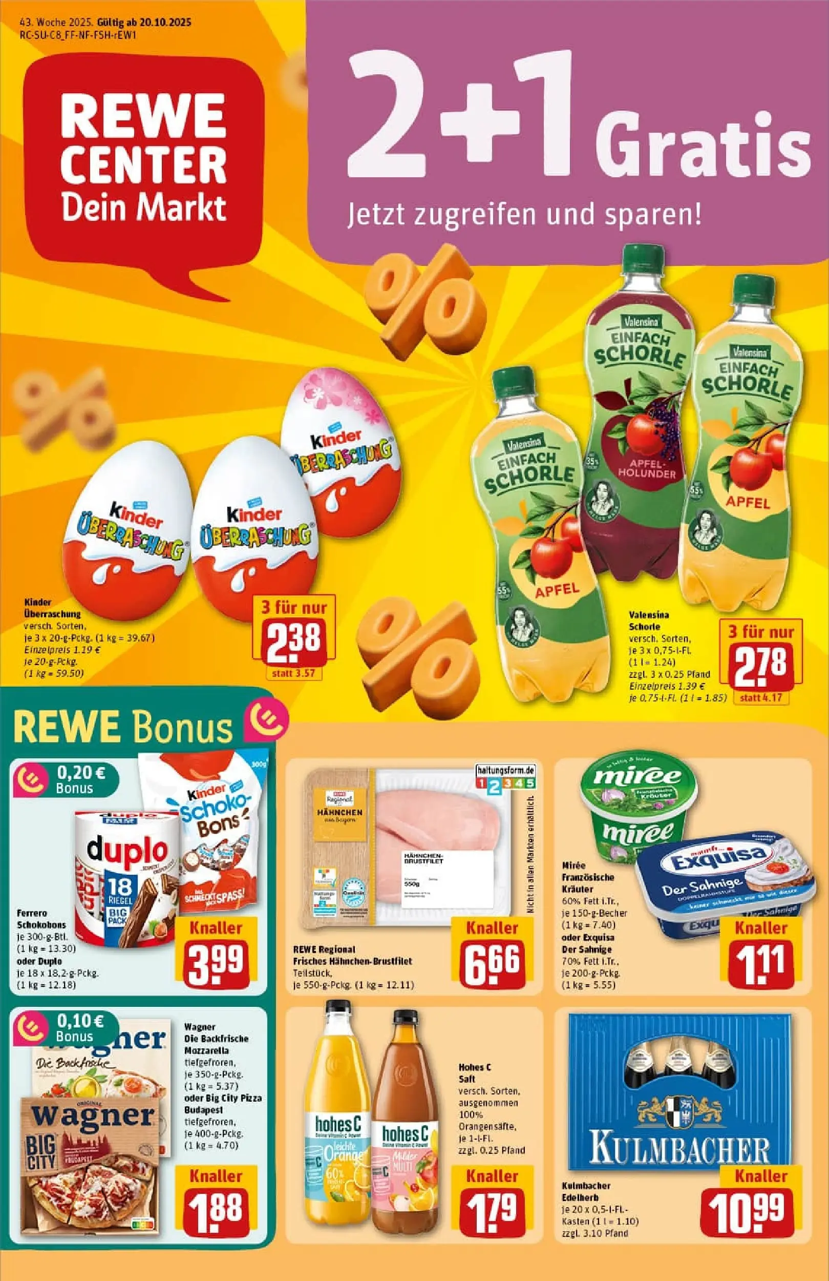 REWE Prospekt ab 19.10.2025 zum Blättern » Angebote | Seite: 1 | Produkte: Hahnchen, Mozzarella, Hohes c, Saft