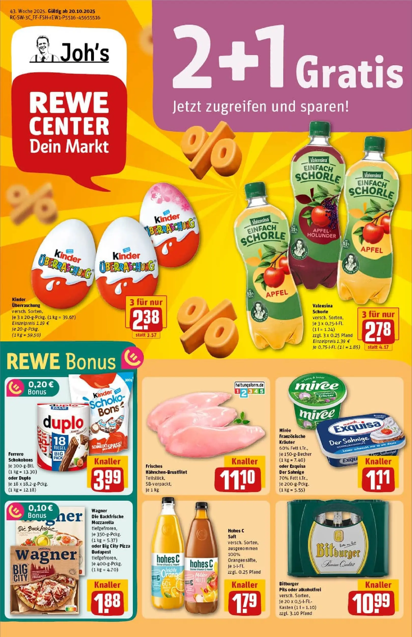 REWE Prospekt ab 19.10.2025 zum Blättern » Angebote | Seite: 1 | Produkte: Mozzarella, Pils, Valensina, Hohes c