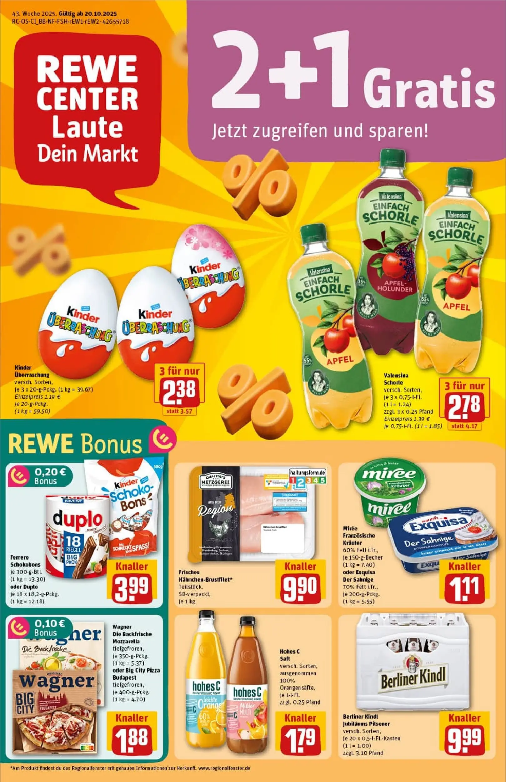 REWE Prospekt ab 19.10.2025 zum Blättern » Angebote | Seite: 1 | Produkte: Äpfel, Valensina, Exquisa, Hohes c