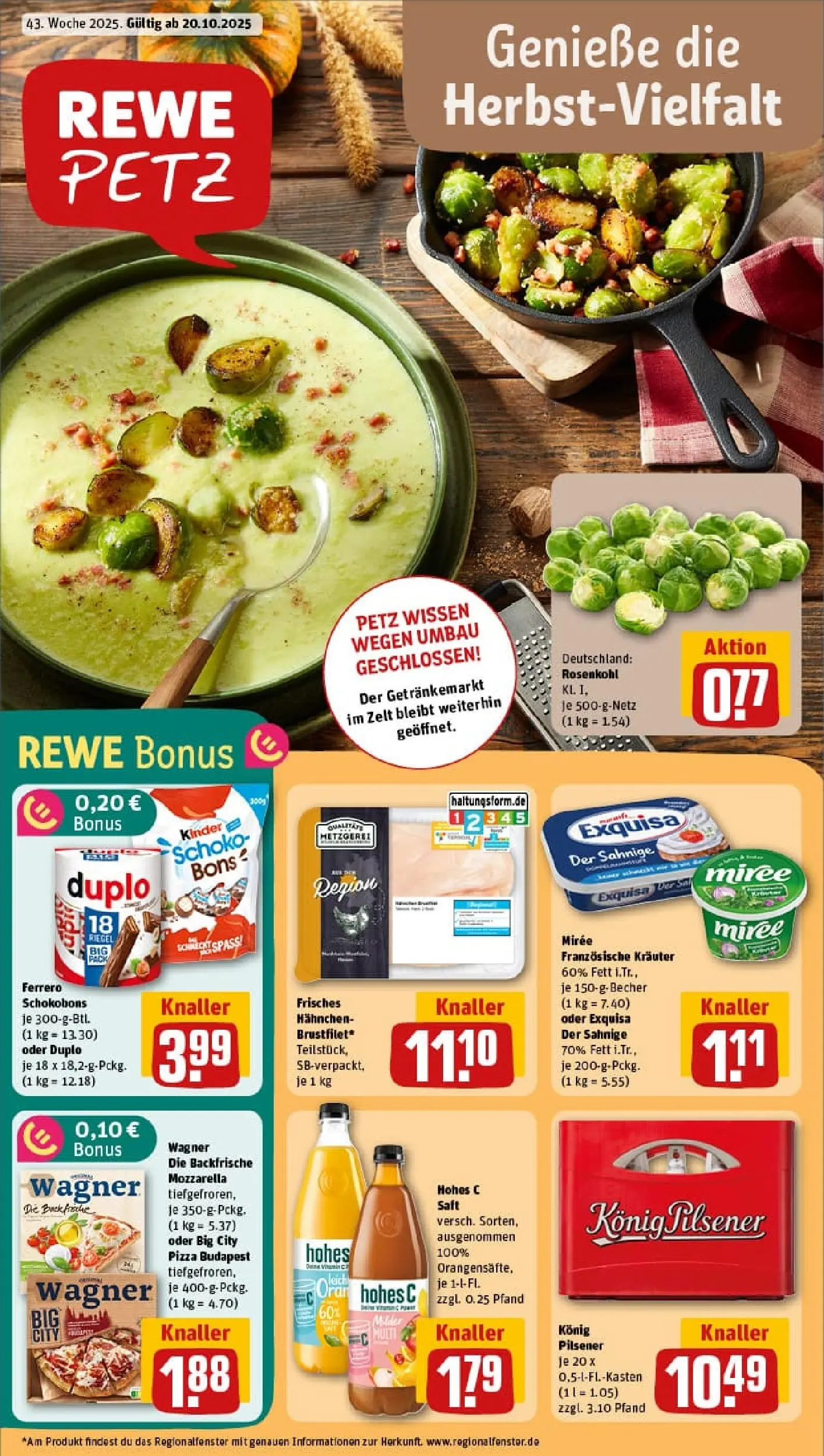 REWE Prospekt ab 19.10.2025 zum Blättern » Angebote | Seite: 1 | Produkte: Hahnchen, Mozzarella, Hohes c, Saft