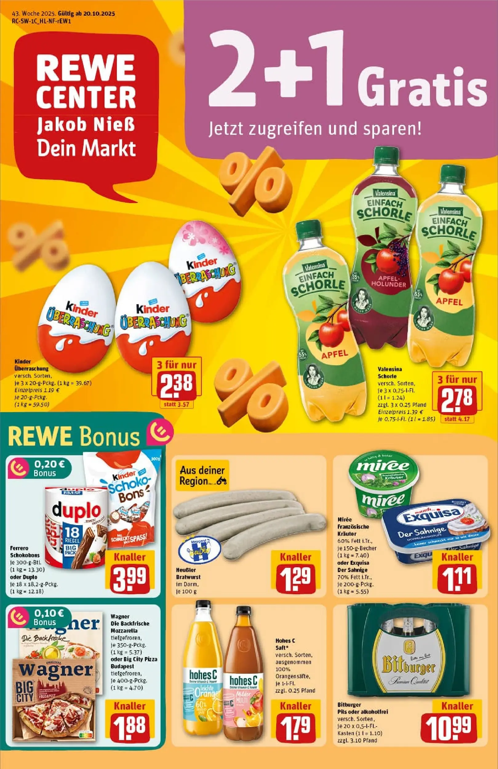REWE Prospekt ab 19.10.2025 zum Blättern » Angebote | Seite: 1 | Produkte: Bitburger, Valensina, Exquisa, Saft