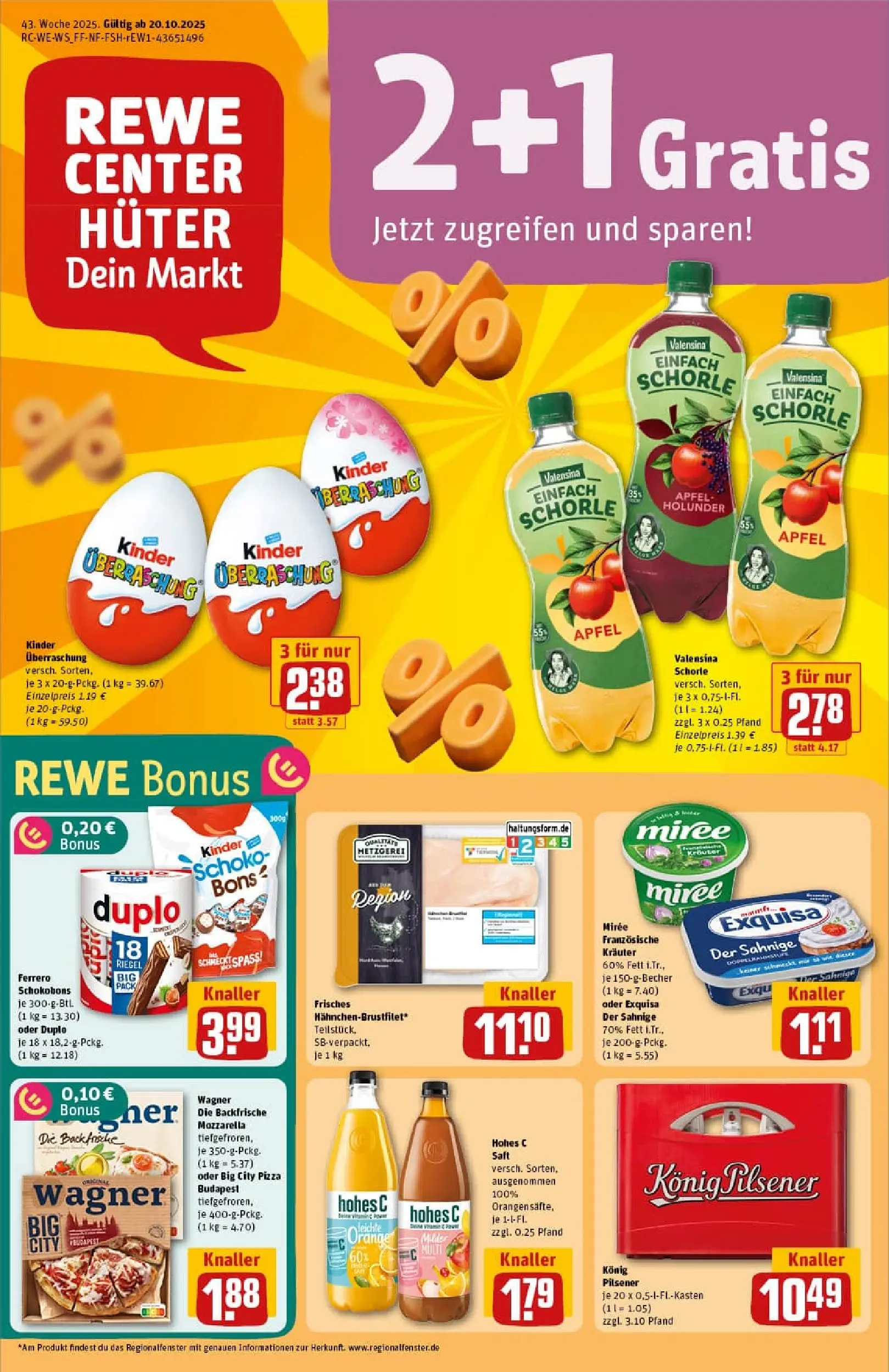 REWE Prospekt ab 19.10.2025 zum Blättern » Angebote | Seite: 1 | Produkte: Konig pilsener, Valensina, Exquisa, Pizza