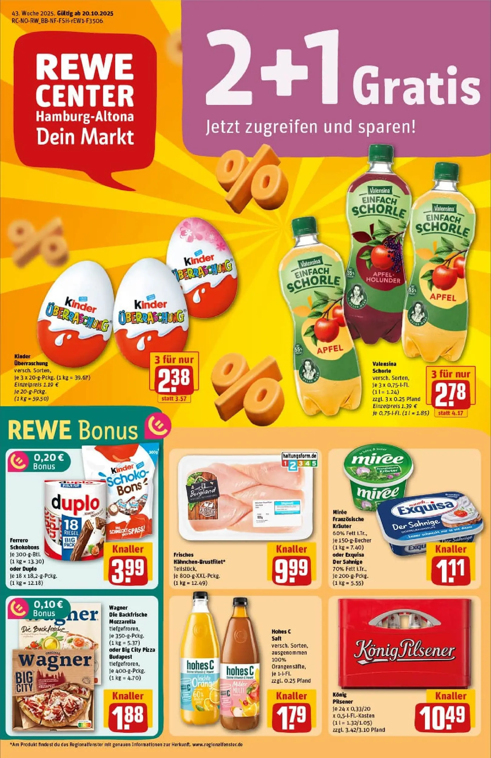 REWE Prospekt ab 19.10.2025 zum Blättern » Angebote | Seite: 1 | Produkte: Konig pilsener, Mozzarella, Äpfel, Pizza