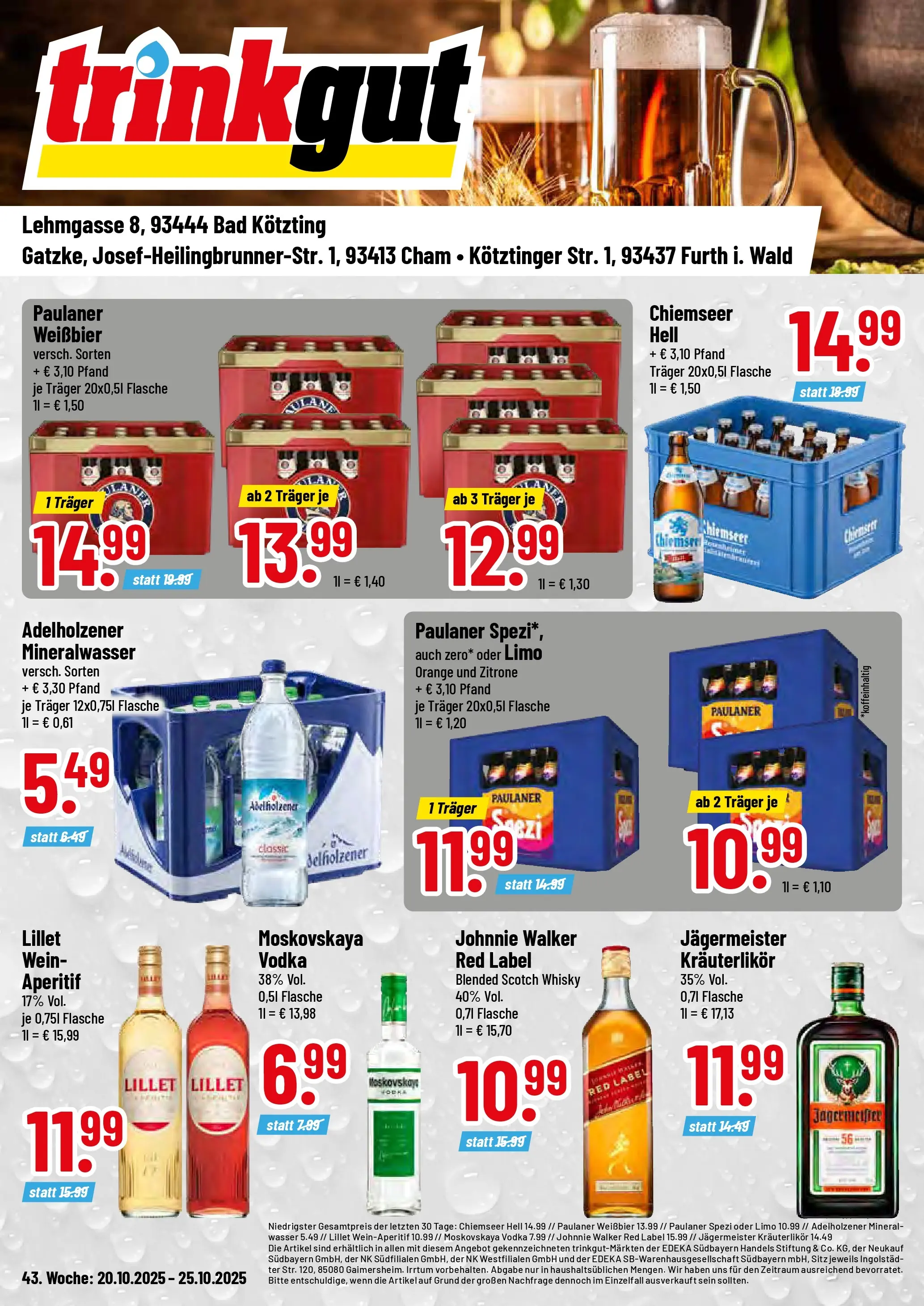 Trinkgut - trinkgut: Wochenangebote (ab 19.10.2025) » Angebote online | Seite: 1 | Produkte: Whisky, Adelholzener, Zitrone, Johnnie walker