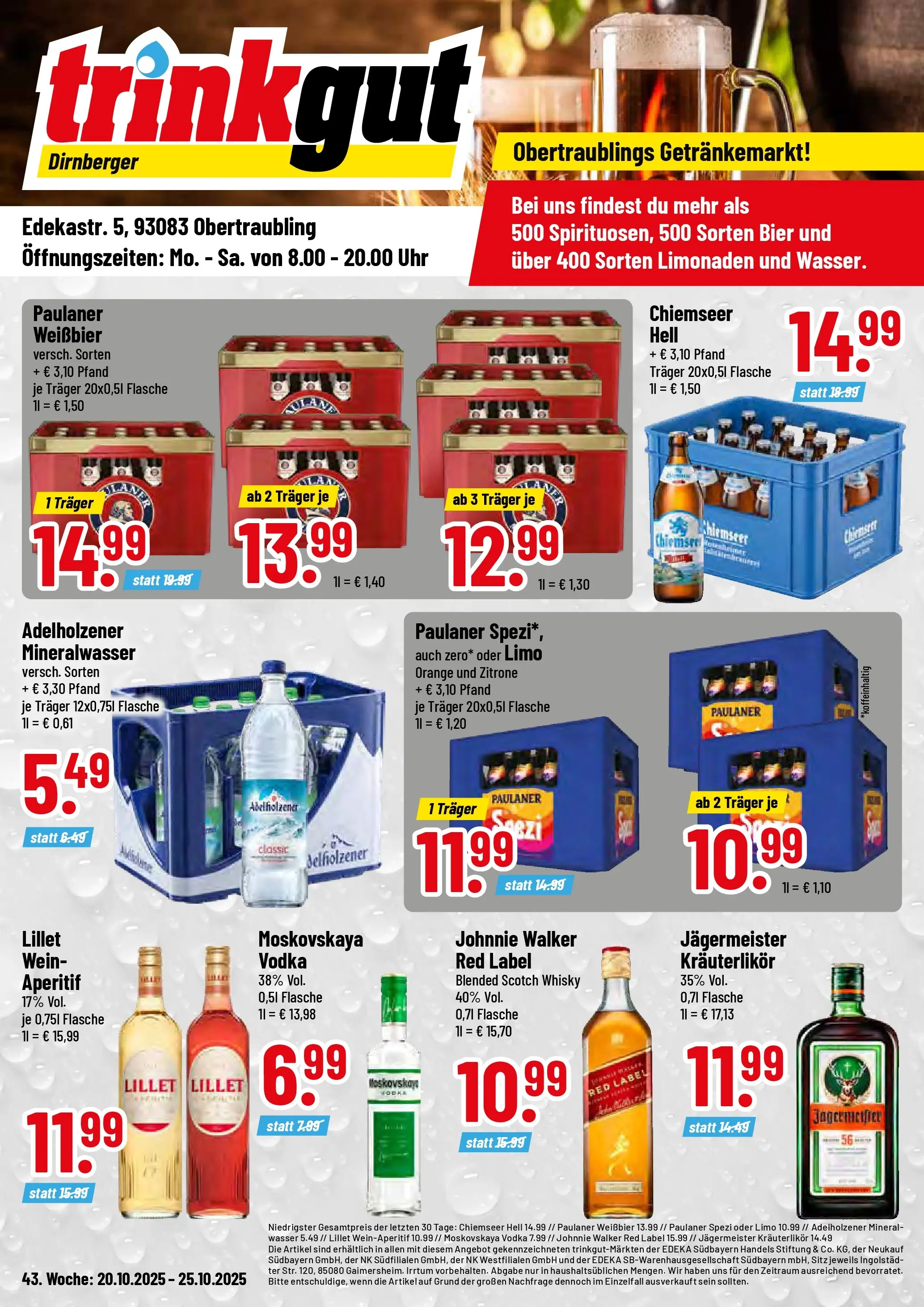 Trinkgut - trinkgut: Wochenangebote (ab 19.10.2025) » Angebote online | Seite: 1 | Produkte: Paulaner spezi, Mineralwasser, Lillet, Paulaner