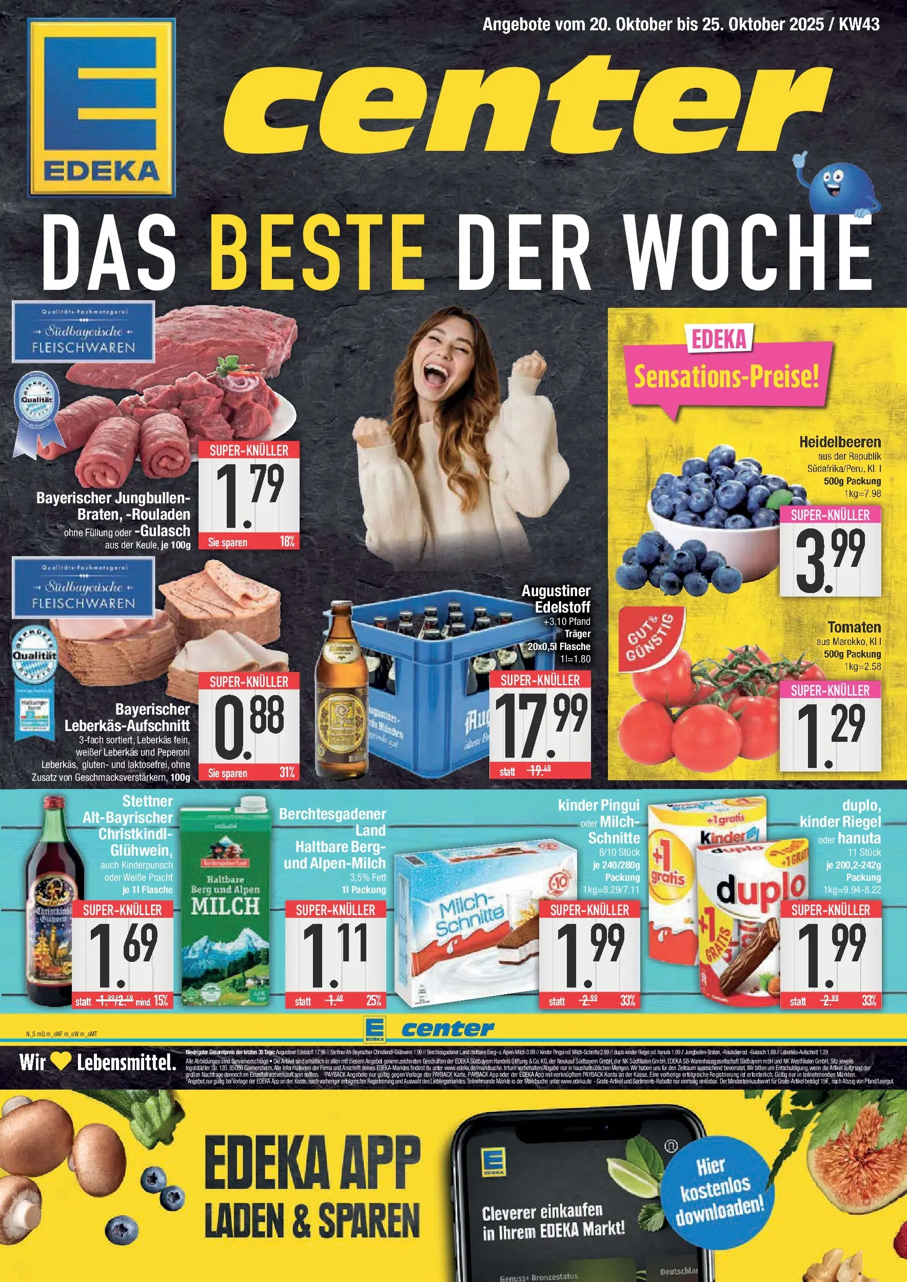 Edeka prospekt Piding	 (ab 19.10.2025) » Angebote Online | Seite: 1 | Produkte: Milch, Tomaten, Kinder riegel, Heidelbeeren