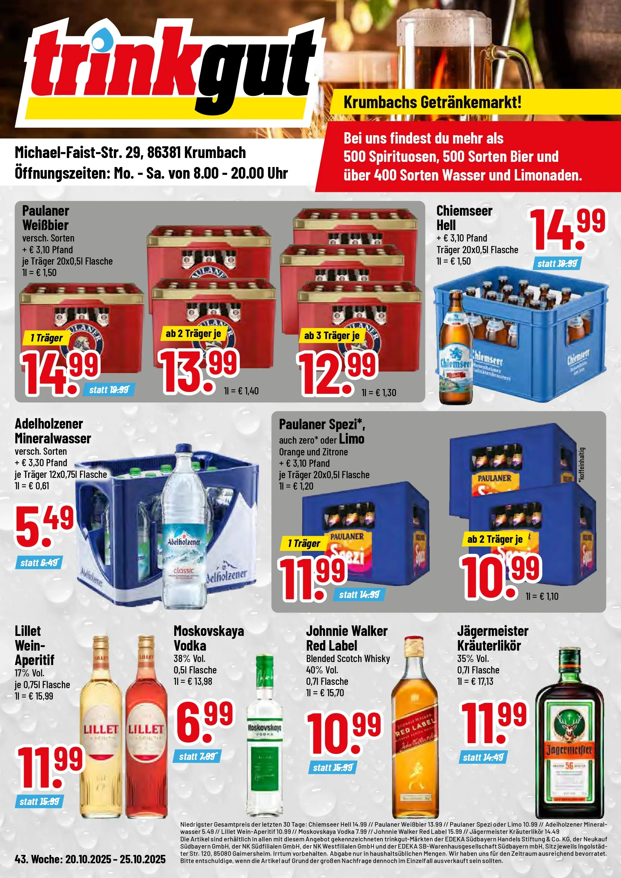 Trinkgut - trinkgut: Wochenangebote (ab 19.10.2025) » Angebote online | Seite: 1 | Produkte: Whisky, Weißbier, Wasser, Jägermeister