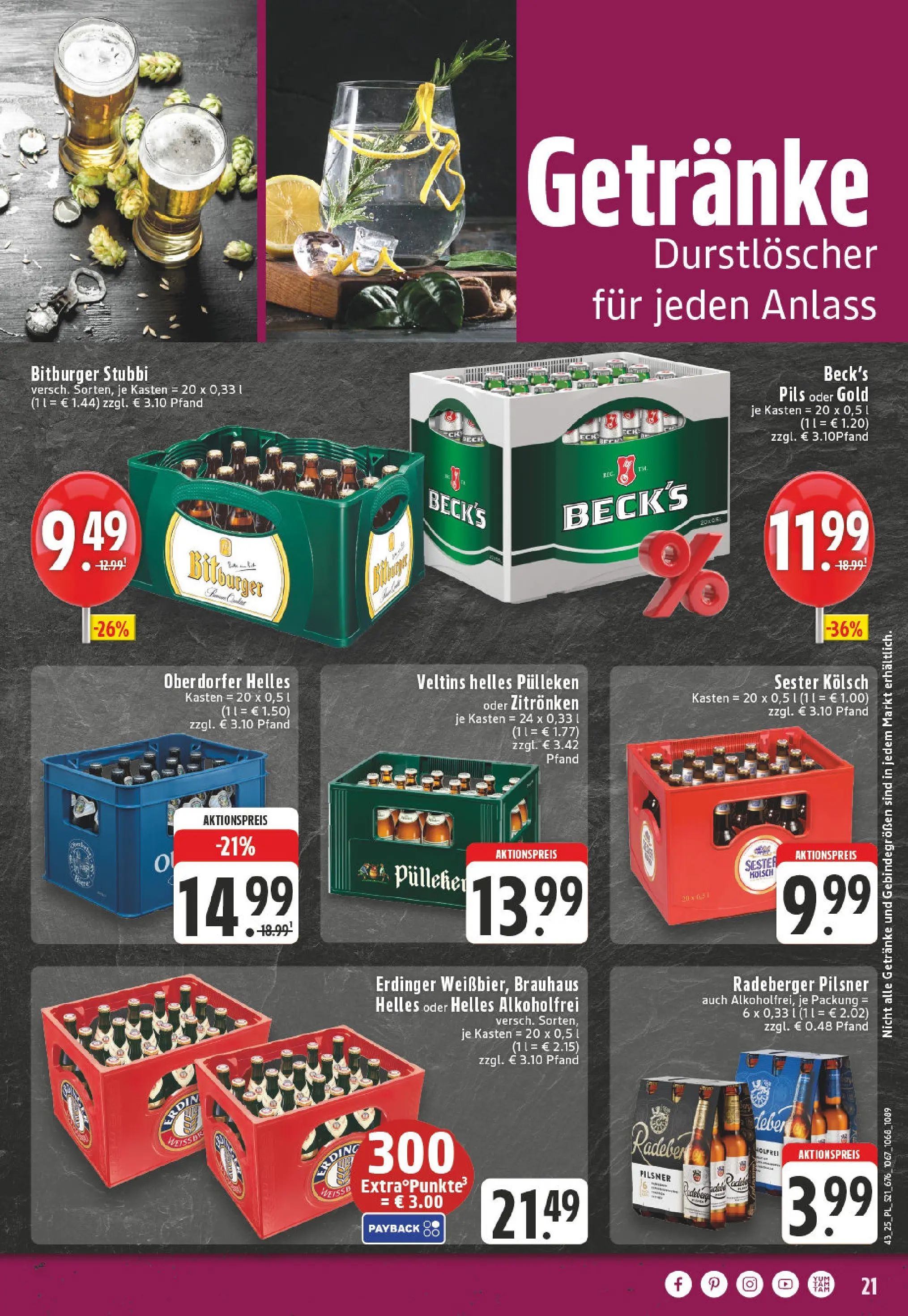 Edeka prospekt Linnich	 (ab 19.10.2025) » Angebote Online | Seite: 21 | Produkte: Helles pulleken, Durstloscher, Erdinger, Veltins