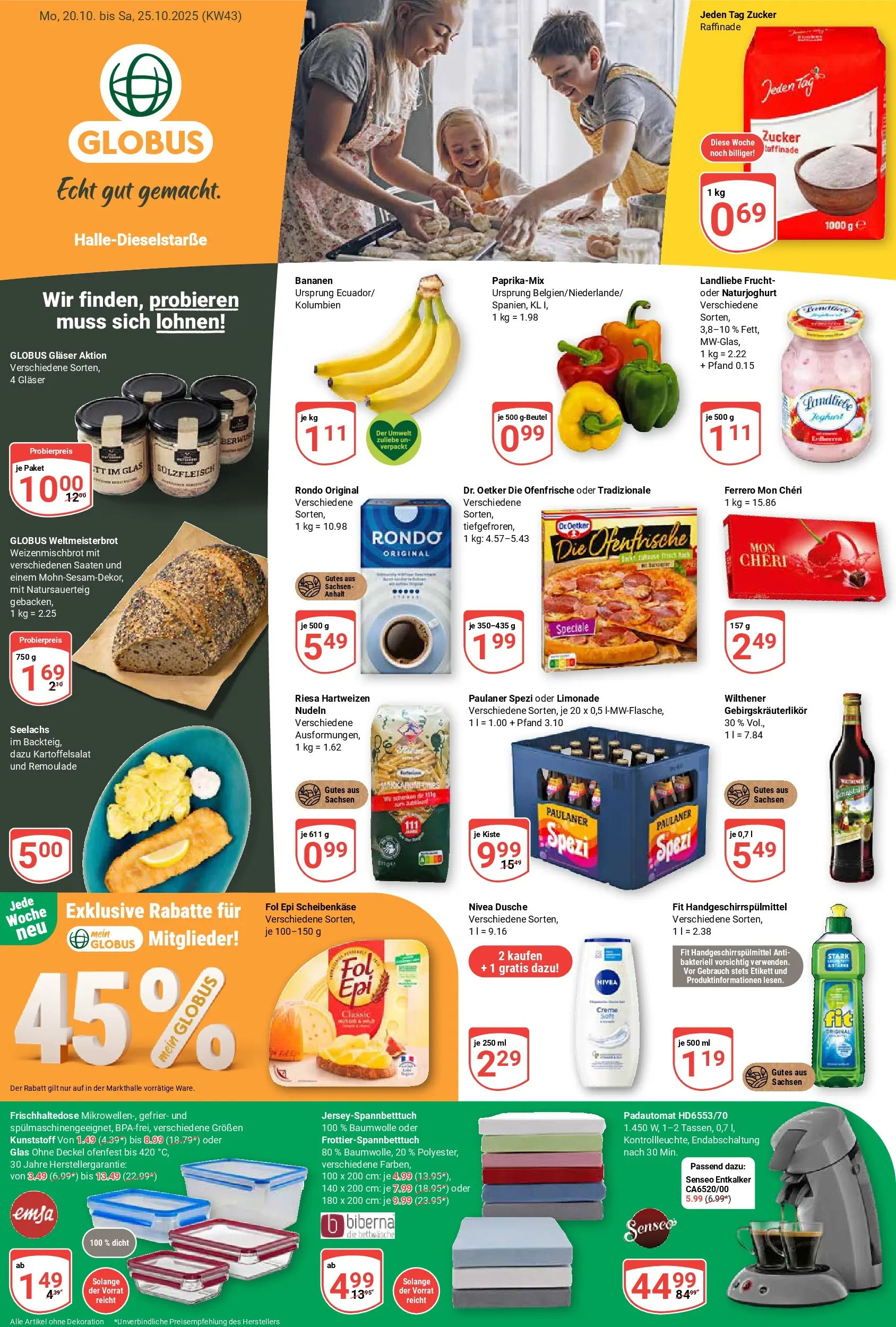 Globus prospekt Halle (saale)	 (ab 19.10.2025) » Angebote online | Seite: 1 | Produkte: Senseo, Bettwäsche, Bananen, Mon cheri