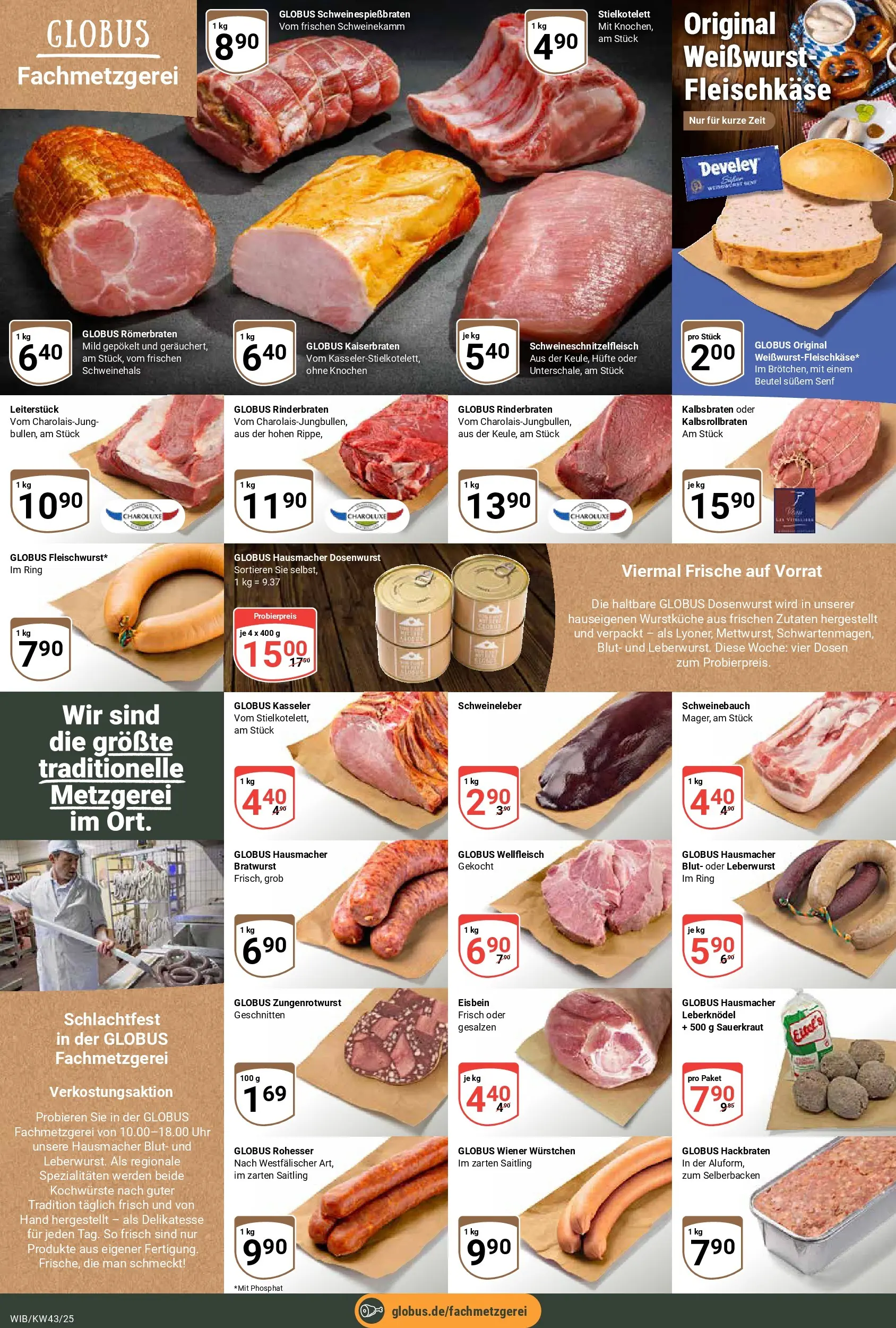 Globus prospekt Wiesbaden-Nordenstadt	 (ab 19.10.2025) » Angebote online | Seite: 12 | Produkte: Rinderbraten, Wiener wurstchen, Schweinebauch, Weißwurst