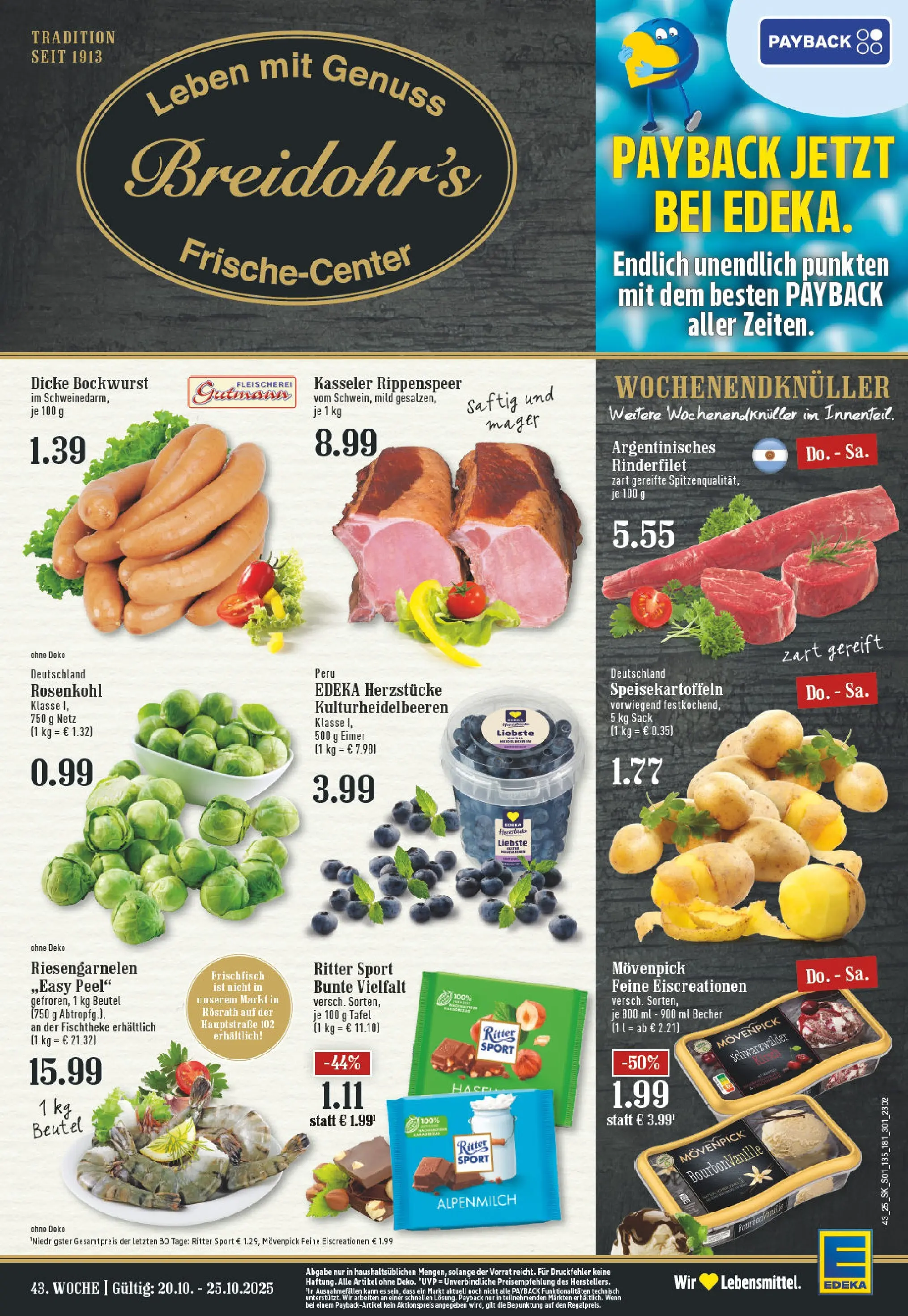 Edeka prospekt Bergisch Gladbach	 (ab 19.10.2025) » Angebote Online | Seite: 1 | Produkte: Bockwurst, Rinderfilet, Ritter sport, Bourbon