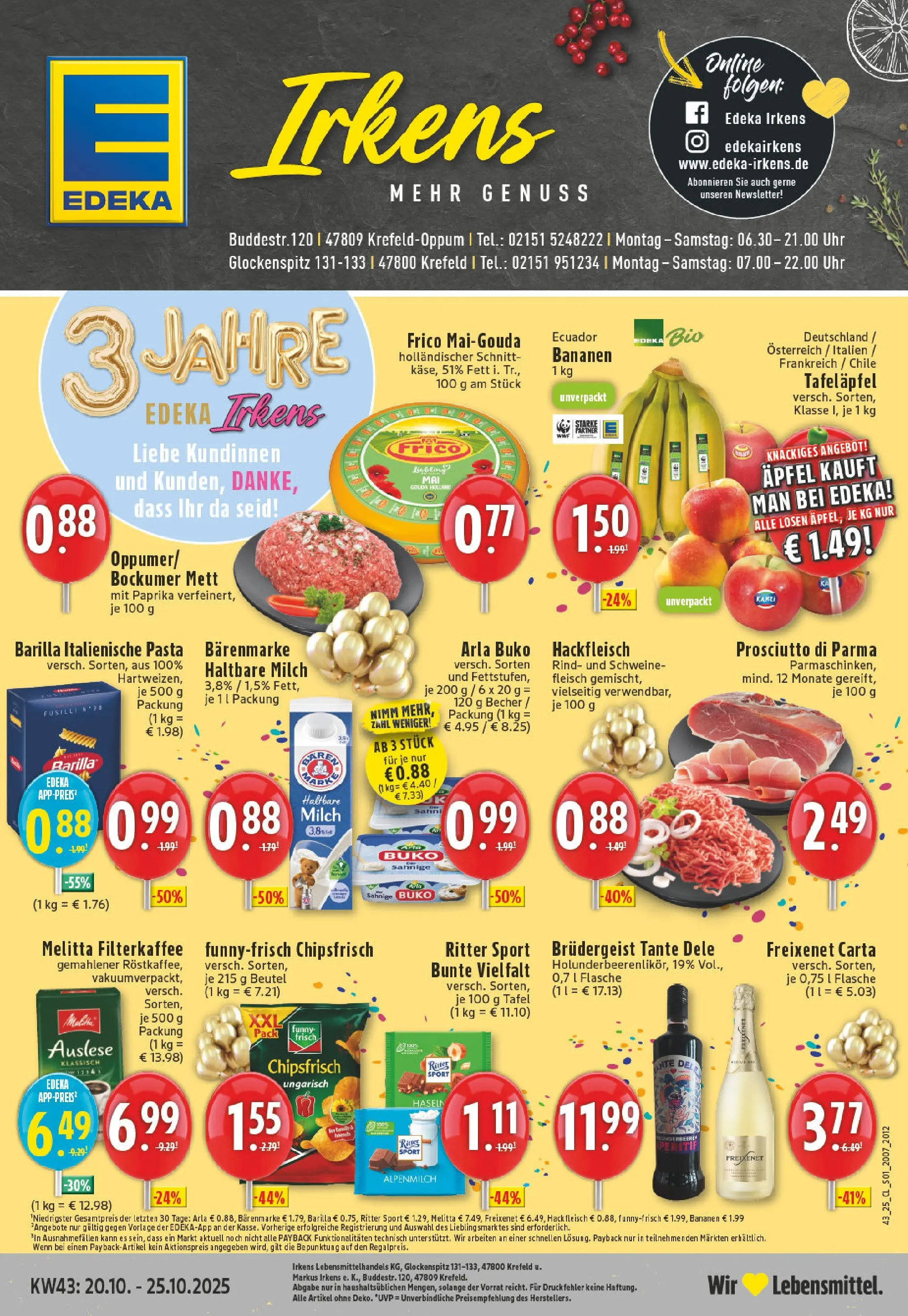 Edeka prospekt Krefeld	 (ab 19.10.2025) » Angebote Online | Seite: 1 | Produkte: Barilla, Bananen, Schweinefleisch, Hackfleisch