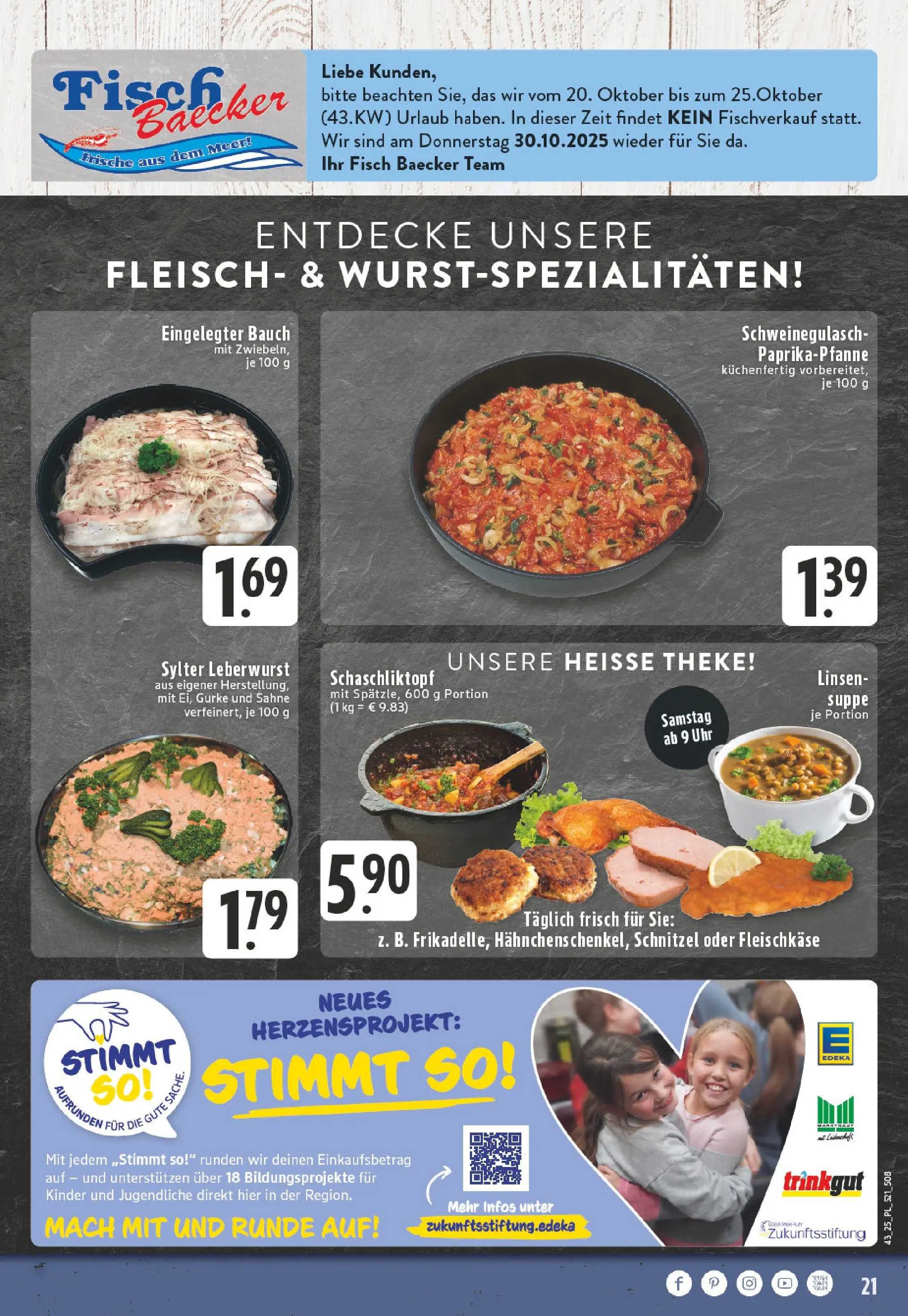 Edeka prospekt Kerken-Aldekerk	 (ab 19.10.2025) » Angebote Online | Seite: 21 | Produkte: Schweinegulasch, Theke, Schnitzel, Fisch