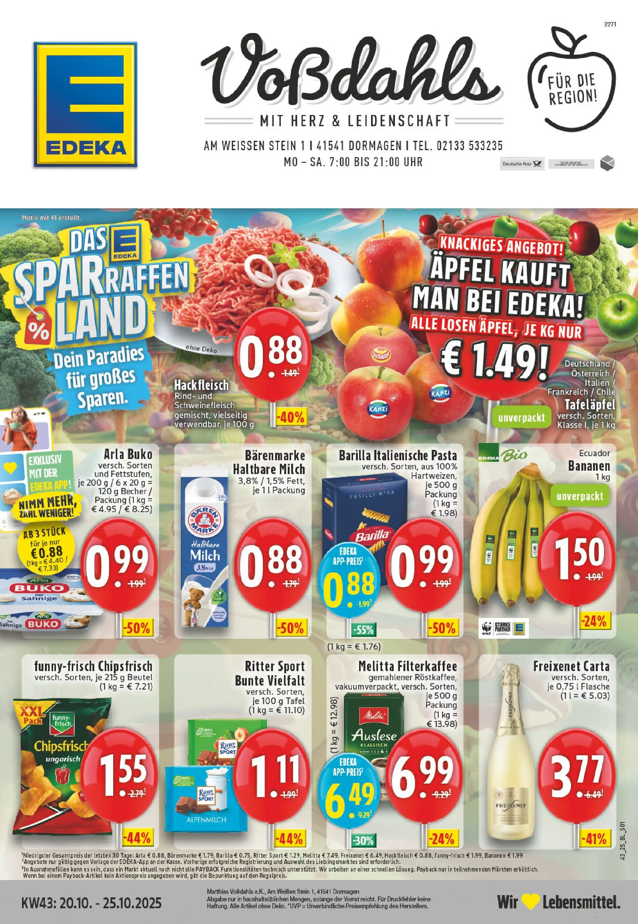 Edeka prospekt Dormagen	 (ab 19.10.2025) » Angebote Online | Seite: 1 | Produkte: Haltbare milch, Ritter sport, Bananen, Schweinefleisch