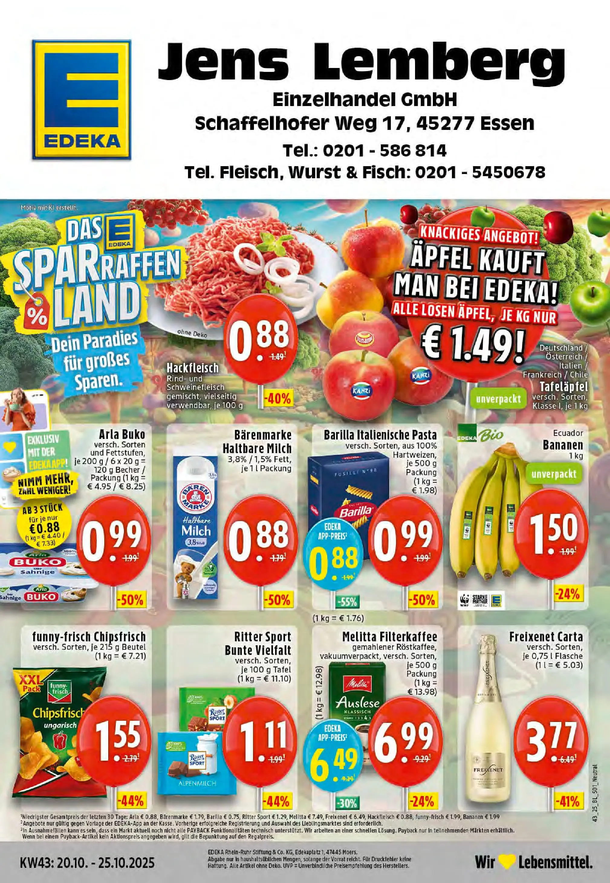 Edeka prospekt Essen	 (ab 20.10.2025) » Angebote Online | Seite: 1 | Produkte: Haltbare milch, Äpfel, Bananen, Hackfleisch
