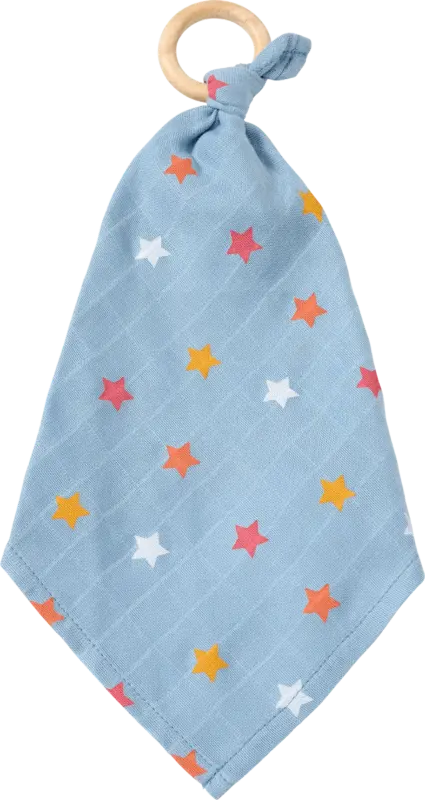 ALANA Schmusetuch aus Musselin & Holzring, blau & gelb