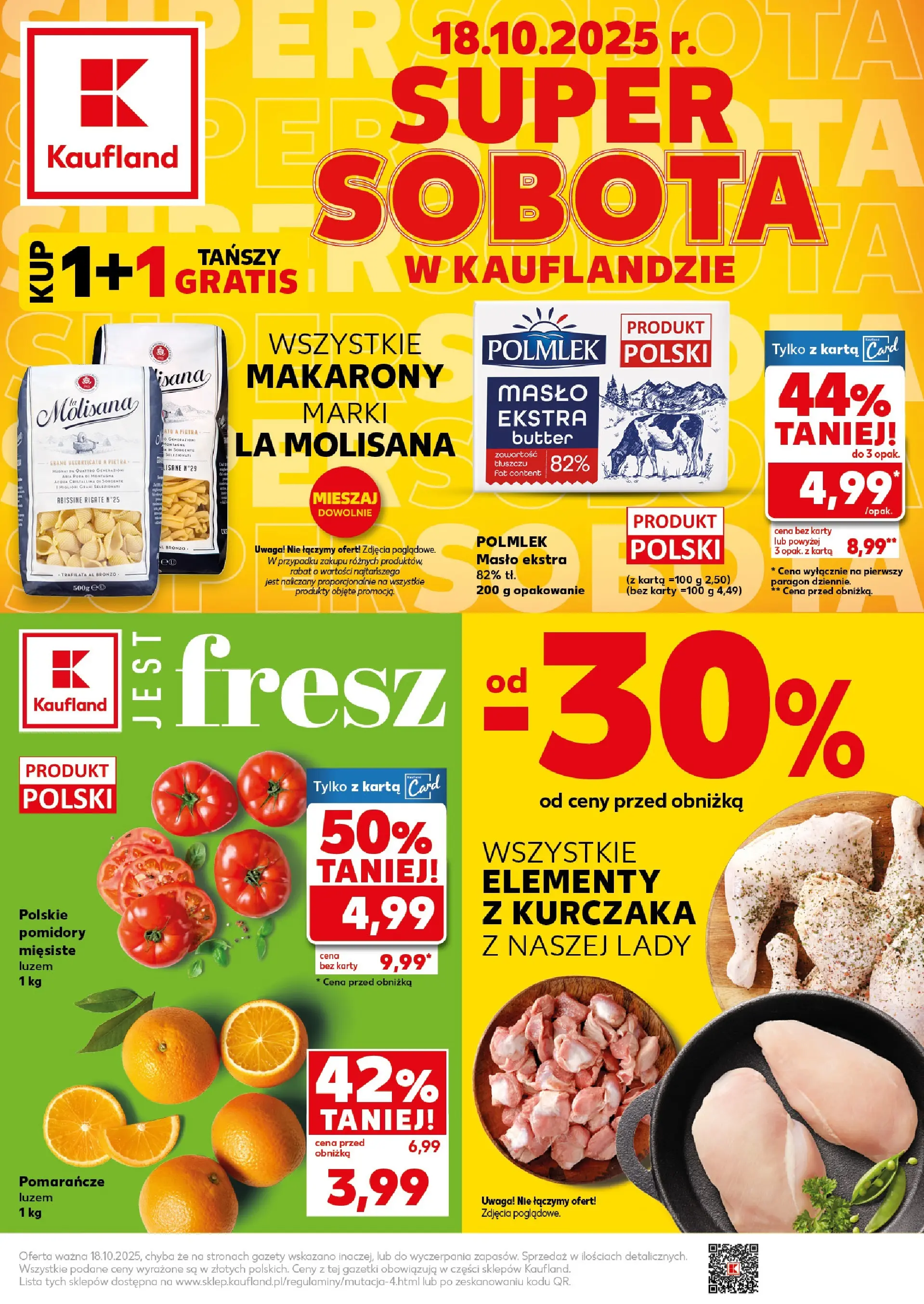 Kaufland gazetka - Super Sobota od 18.10.2025 - od jutra PDF | Strona: 1 | Produkty: Karta, Pomarańcze, Pomidory, Makarony