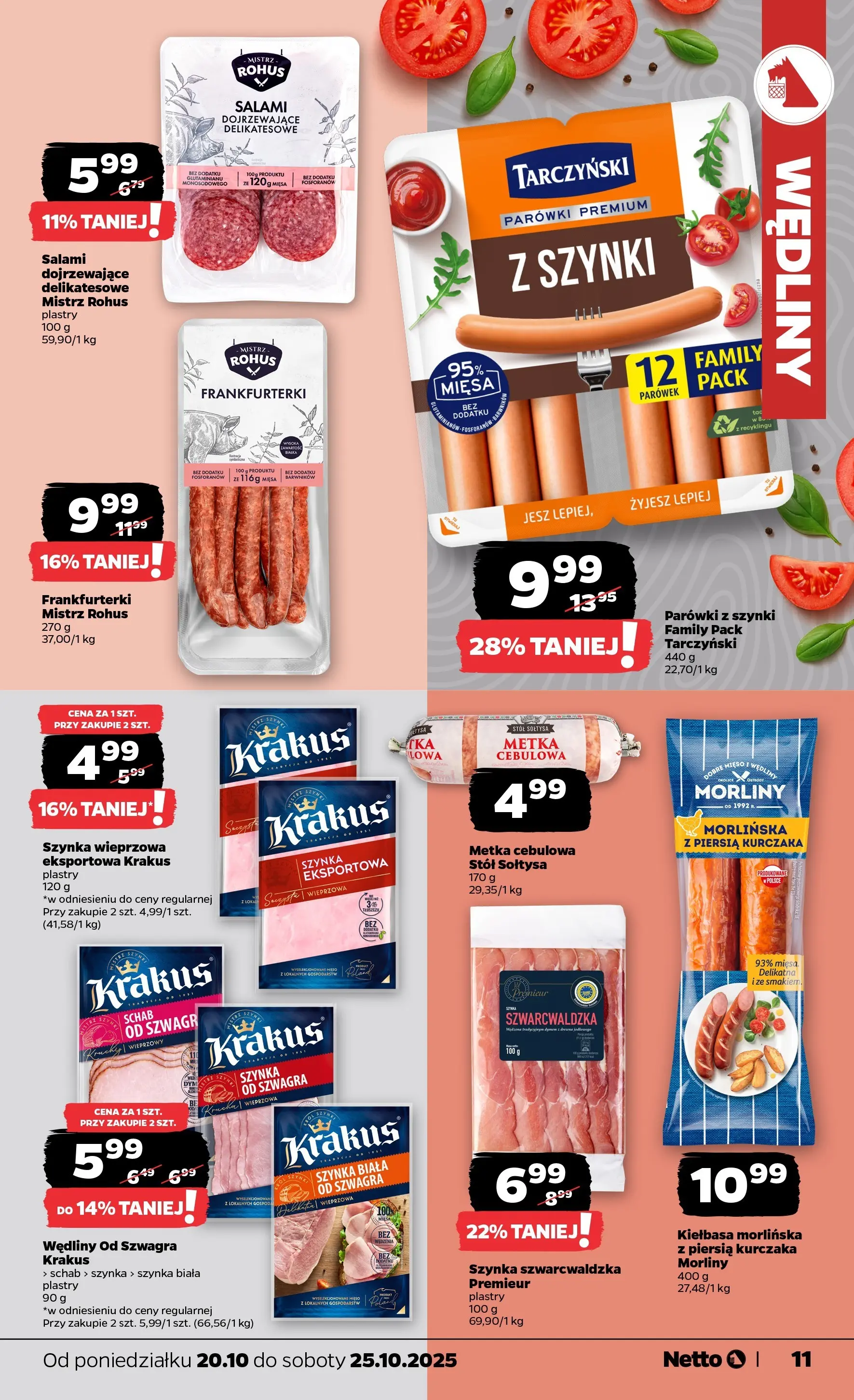 Netto - NETTO T43A ważne do 25.10 od 19.10.2025 - Aktualne promocje | Strona: 11 | Produkty: Frankfurterki, Parówki z szynki, Szynka, Metka cebulowa