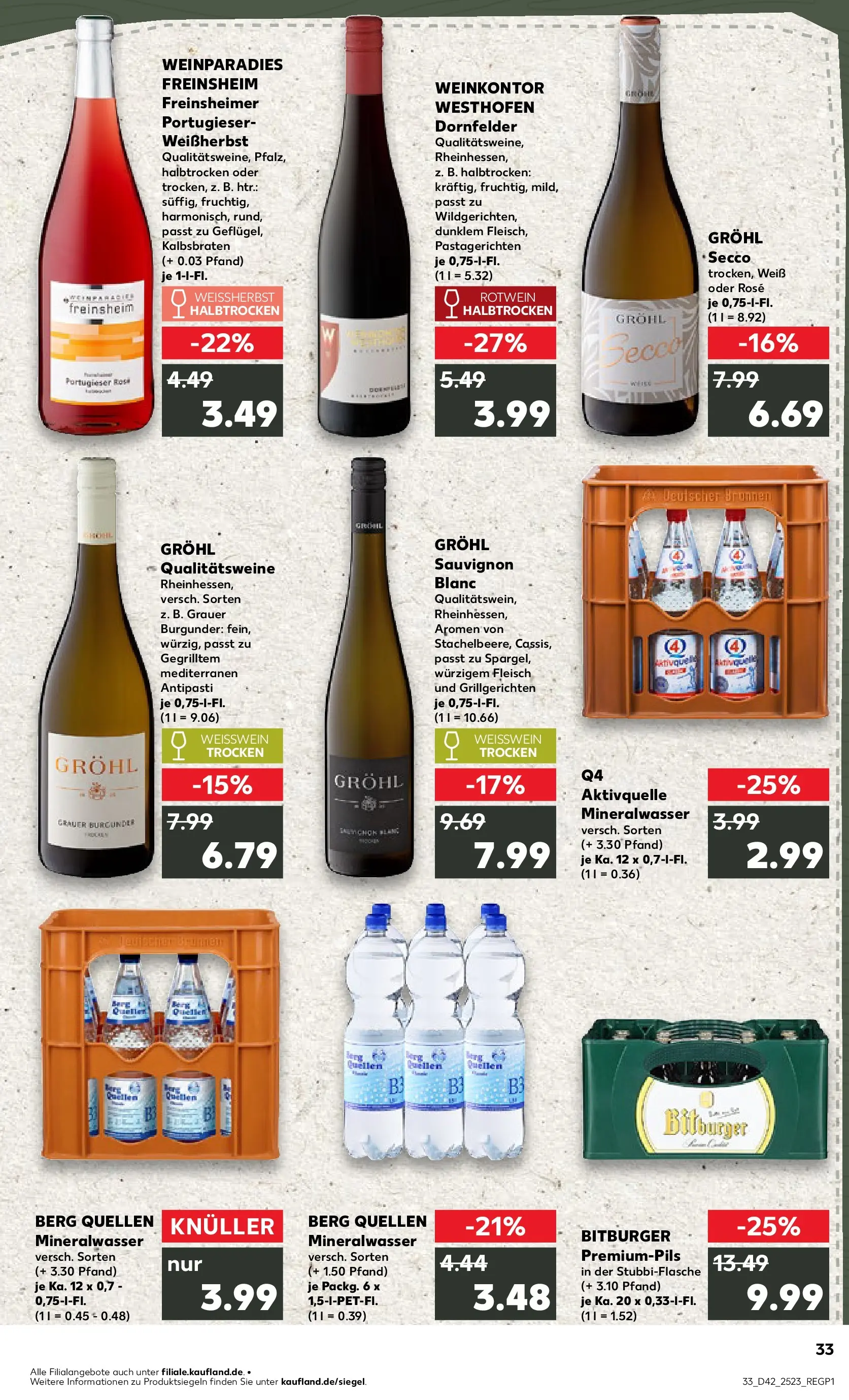 Prospekt Kaufland ab 19.10.2025 » Angebote und Werbung Online | Seite: 33 | Produkte: Weißwein, Rotwein, Mineralwasser, Fleisch Prospekt Kaufland ab 19.10.2025 » Angebote Online zum Blättern | Seite: 33 | Produkte: Weißwein, Rotwein, Mineralwasser, Fleisch