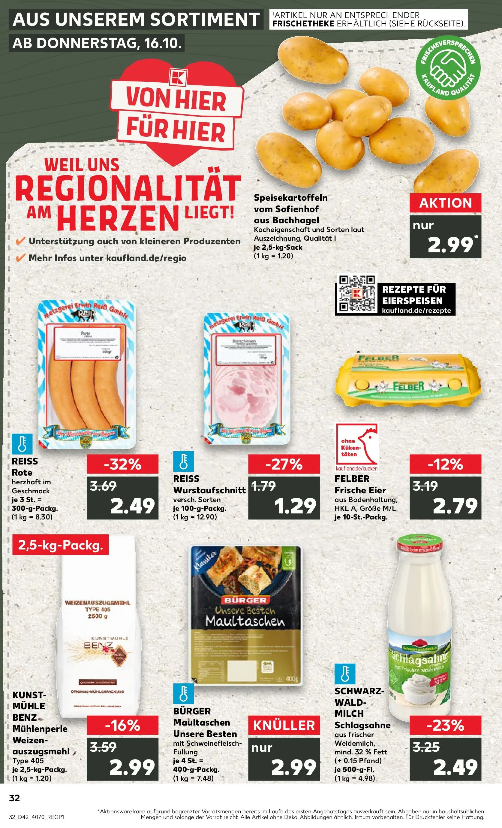 Prospekt Kaufland ab 19.10.2025 » Angebote und Werbung Online | Seite: 32 | Produkte: Schlagsahne, Eier, Pasta, Maultaschen Prospekt Kaufland ab 19.10.2025 » Angebote Online zum Blättern | Seite: 32 | Produkte: Schlagsahne, Eier, Pasta, Maultaschen