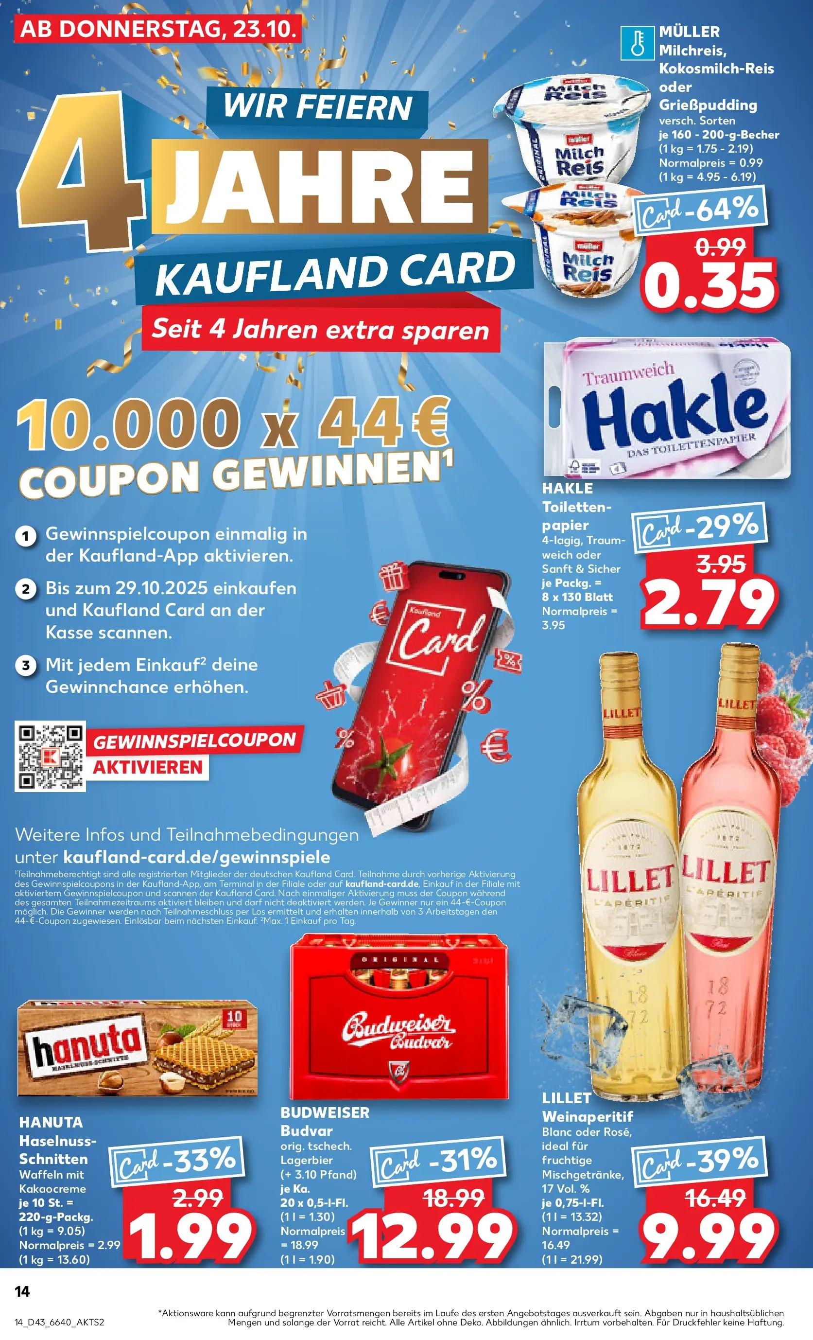 Prospekt Kaufland ab 22.10.2025 » Angebote Online zum Blättern | Seite: 14 | Produkte: Lillet, Budweiser, Reis, Toilettenpapier