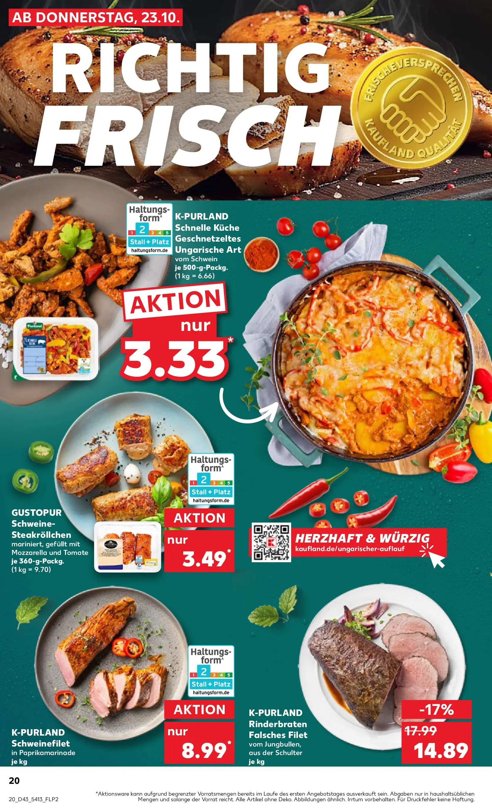 Prospekt Kaufland ab 22.10.2025 » Angebote Online zum Blättern | Seite: 20 | Produkte: Rinderbraten, Mozzarella, Küche, Schweinefilet