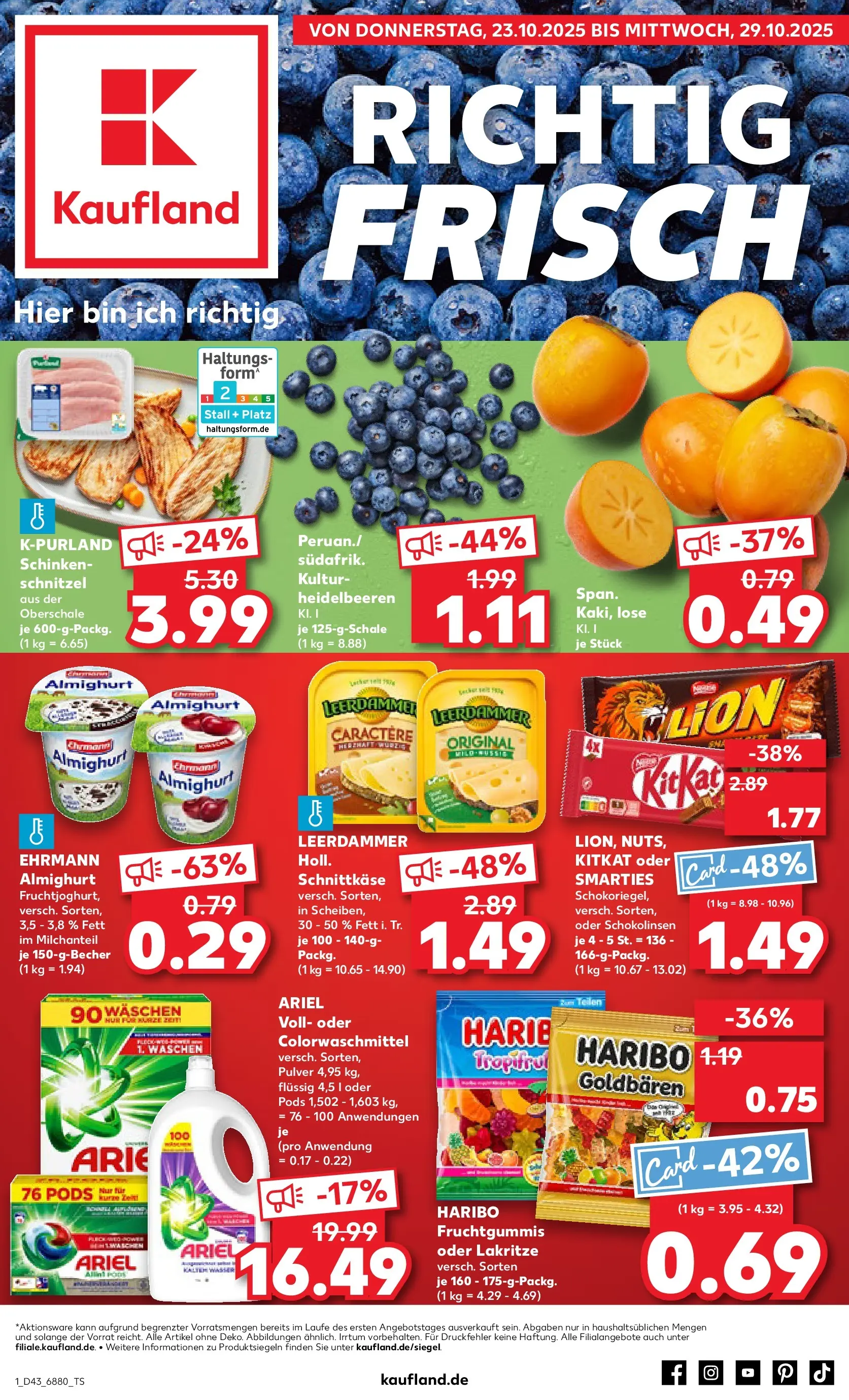 Prospekt Kaufland ab 22.10.2025 » Angebote Online zum Blättern | Seite: 1 | Produkte: Ehrmann almighurt, Haribo, Smarties, Schnitzel