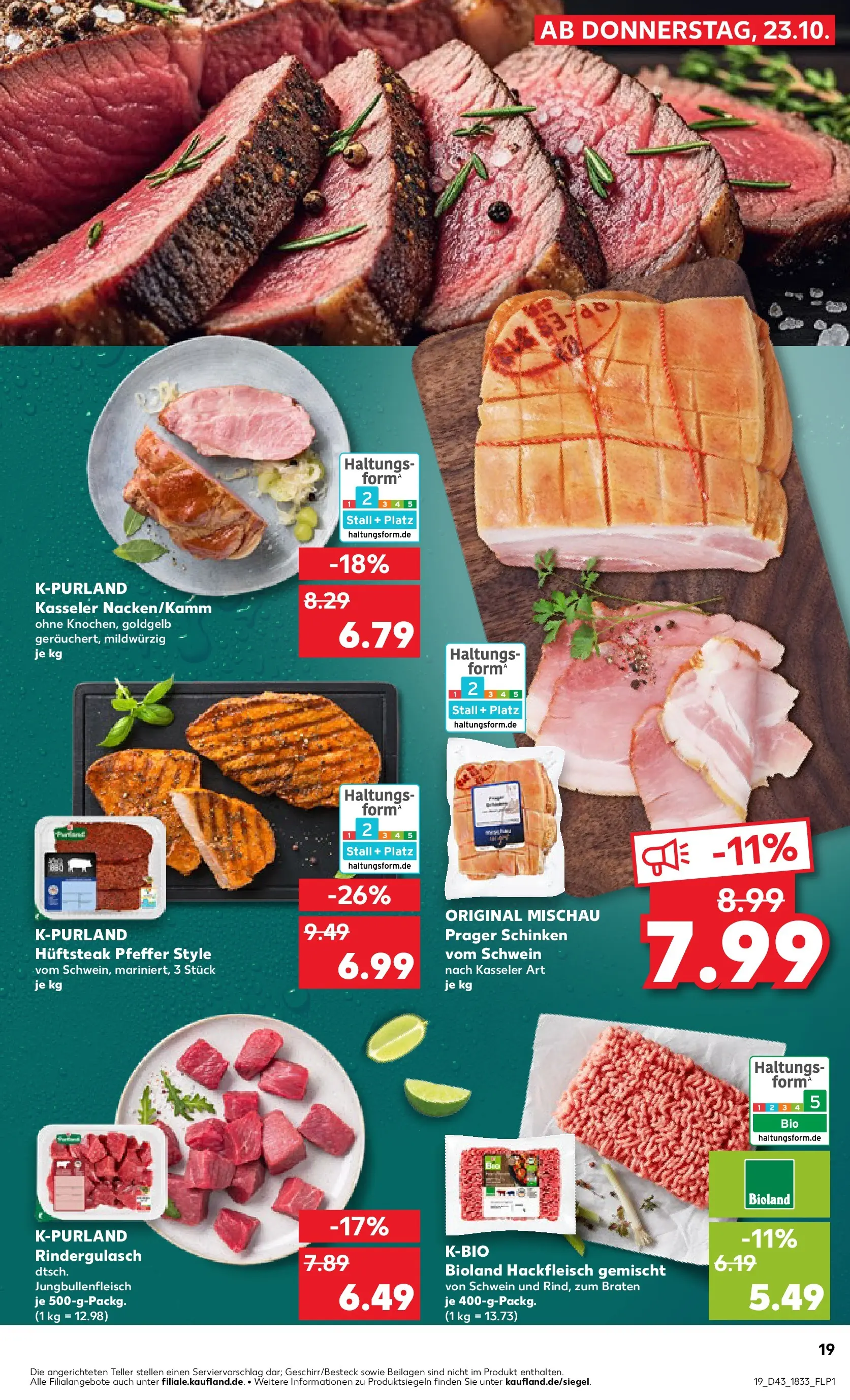 Prospekt Kaufland ab 22.10.2025 » Angebote Online zum Blättern | Seite: 19 | Produkte: Rindergulasch, Pfeffer, Schinken, Hackfleisch