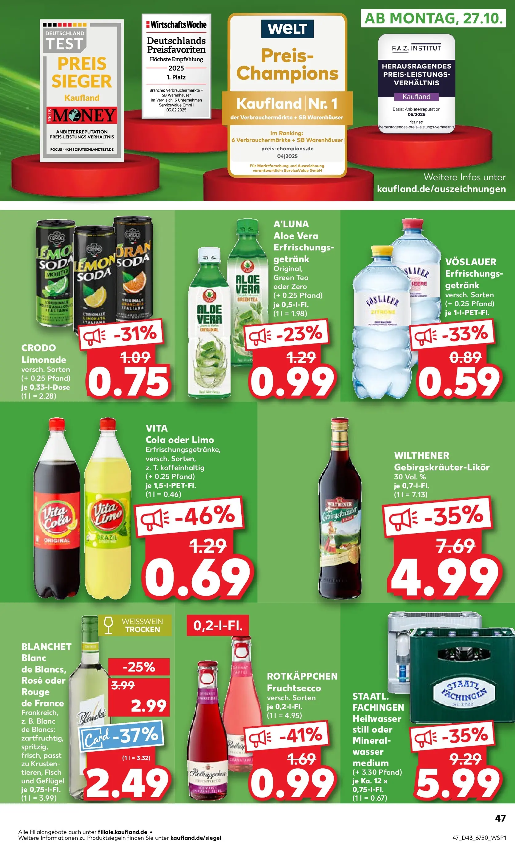Prospekt Kaufland ab 22.10.2025 » Angebote Online zum Blättern | Seite: 47 | Produkte: Weißwein trocken, Limonade, Rouge, Vita cola