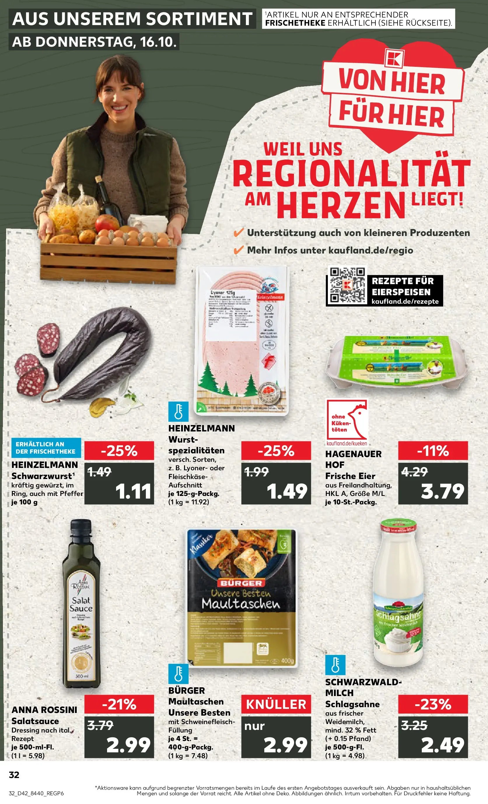 Prospekt Kaufland ab 19.10.2025 » Angebote Online zum Blättern | Seite: 32 | Produkte: Schlagsahne, Eier, Wurst, Salat