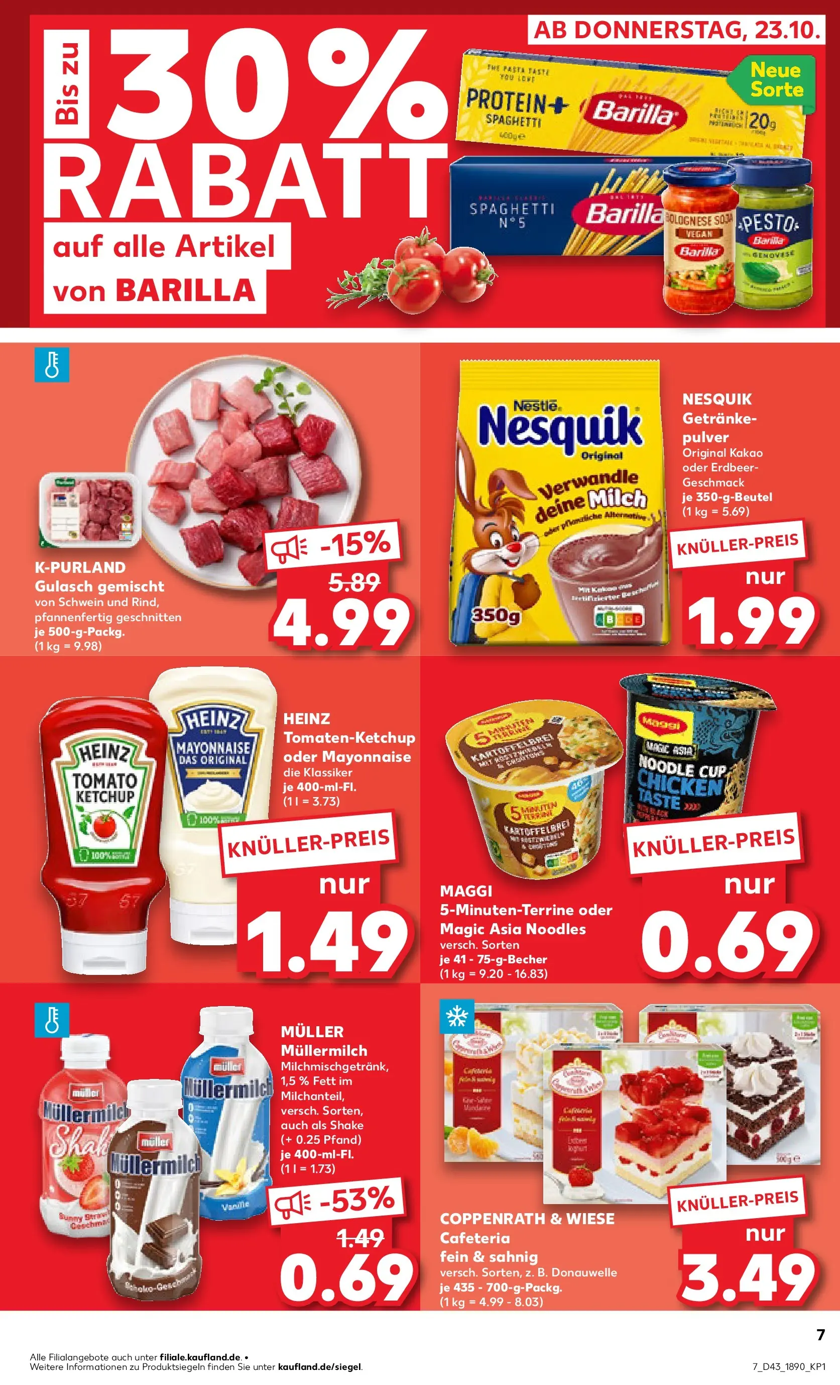 Prospekt Kaufland ab 22.10.2025 » Angebote Online zum Blättern | Seite: 7 | Produkte: Milch, Barilla, Gulasch, Muller mullermilch