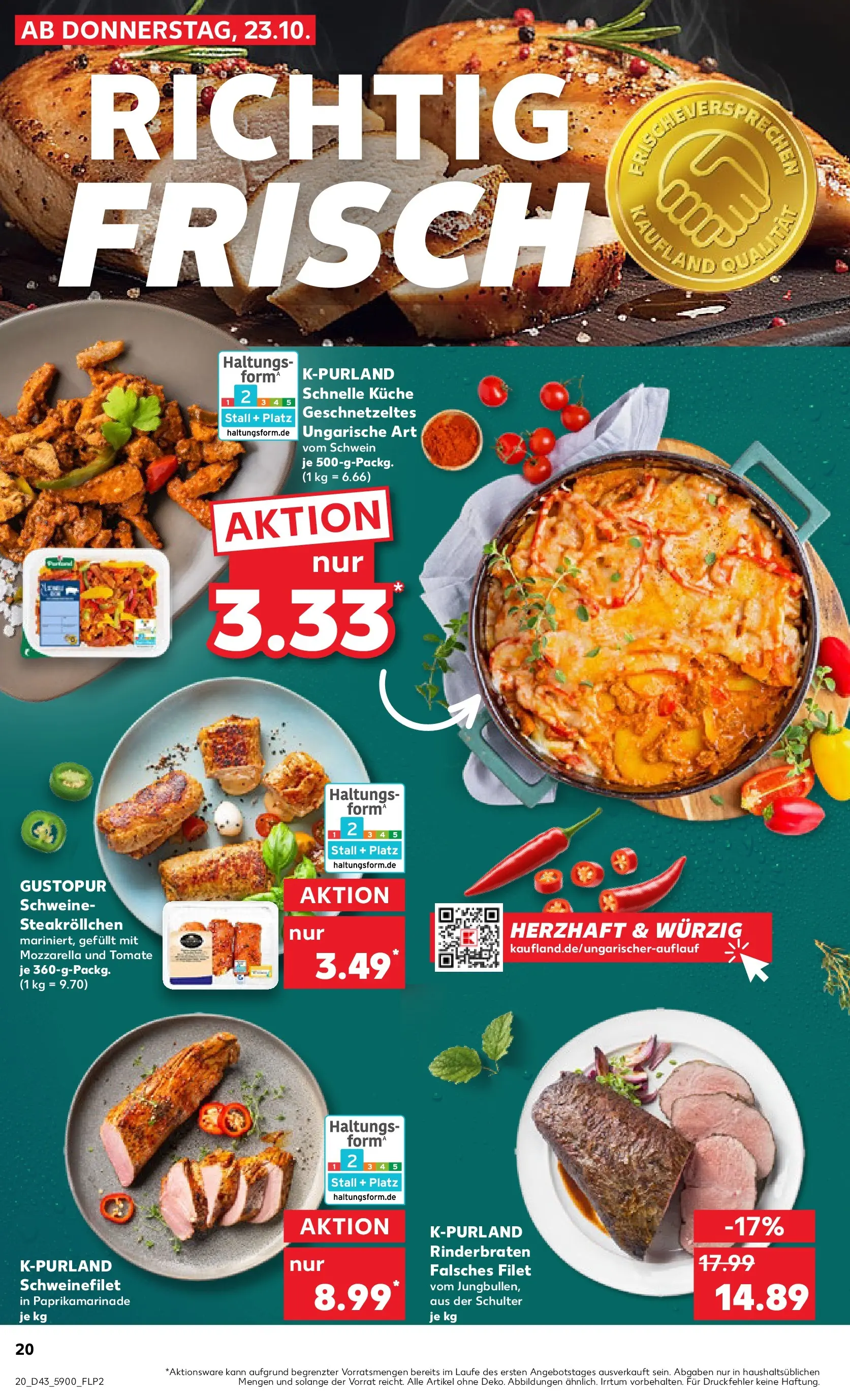Prospekt Kaufland ab 22.10.2025 » Angebote Online zum Blättern | Seite: 20 | Produkte: Rinderbraten, Mozzarella, Küche, Schweinefilet