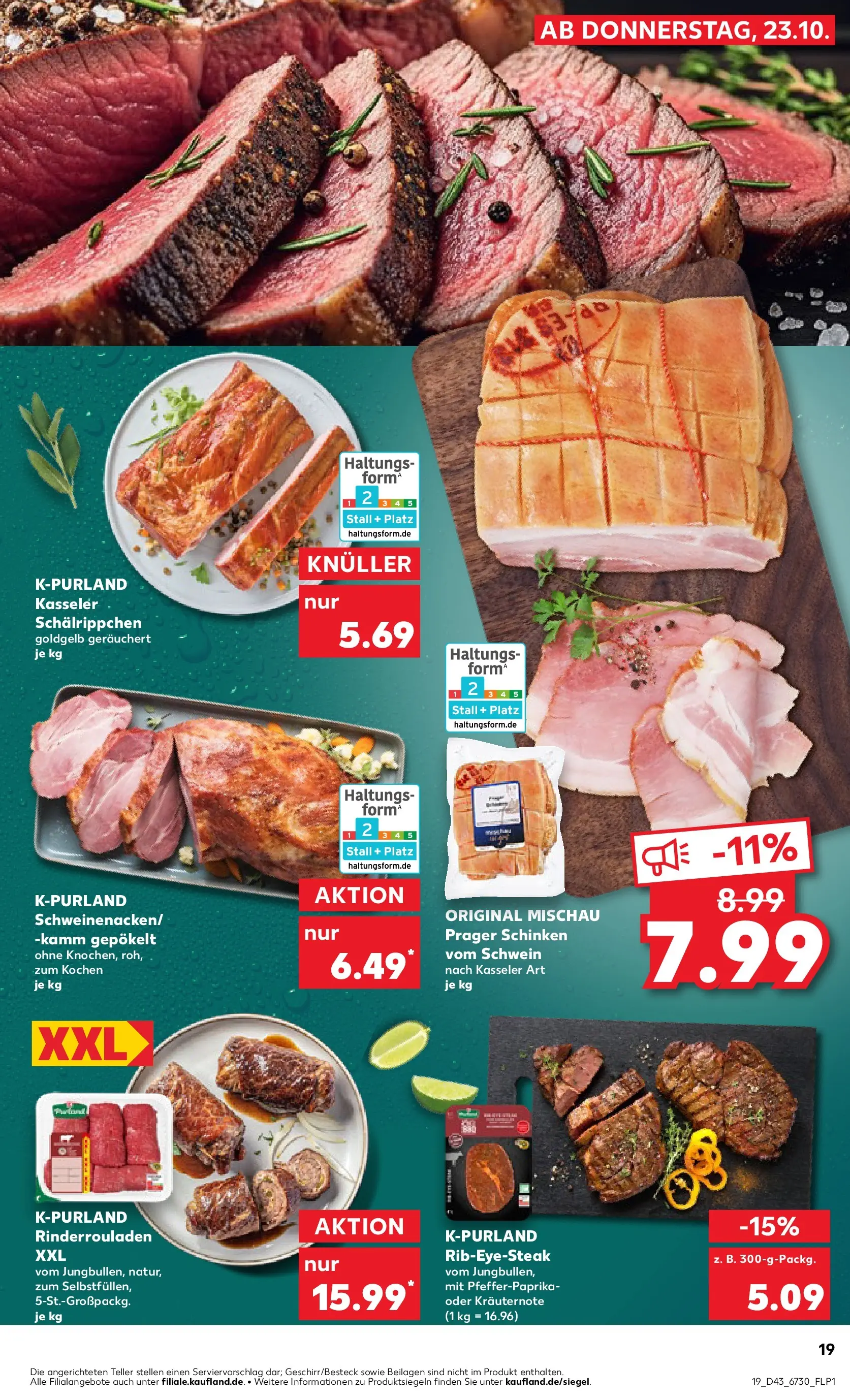 Prospekt Kaufland ab 22.10.2025 » Angebote Online zum Blättern | Seite: 19 | Produkte: Rinderrouladen, Schinken, Steak