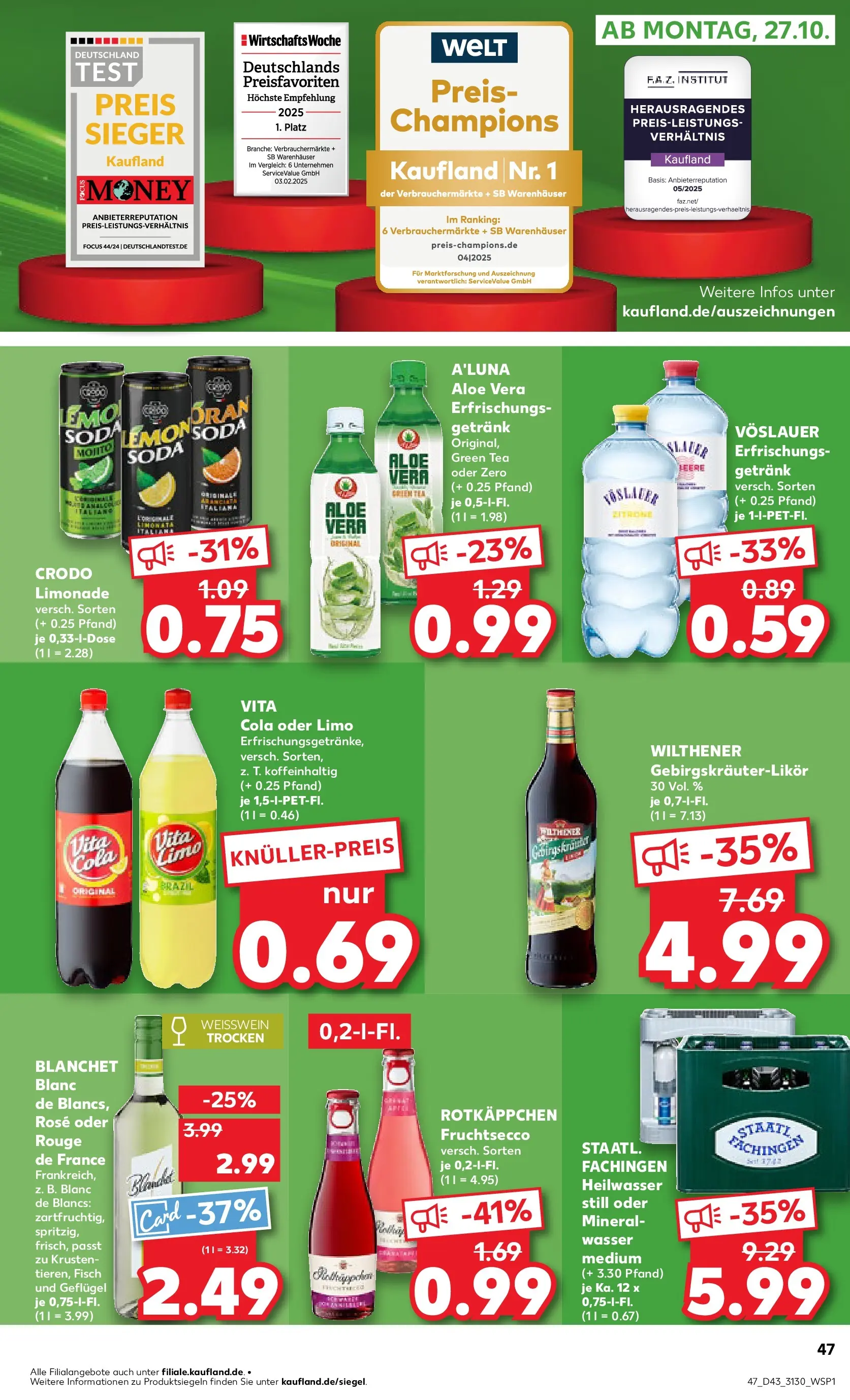 Prospekt Kaufland ab 23.10.2025 » Angebote Online zum Blättern | Seite: 47 | Produkte: Cola, Weißwein trocken, Fruchtsecco, Wasser