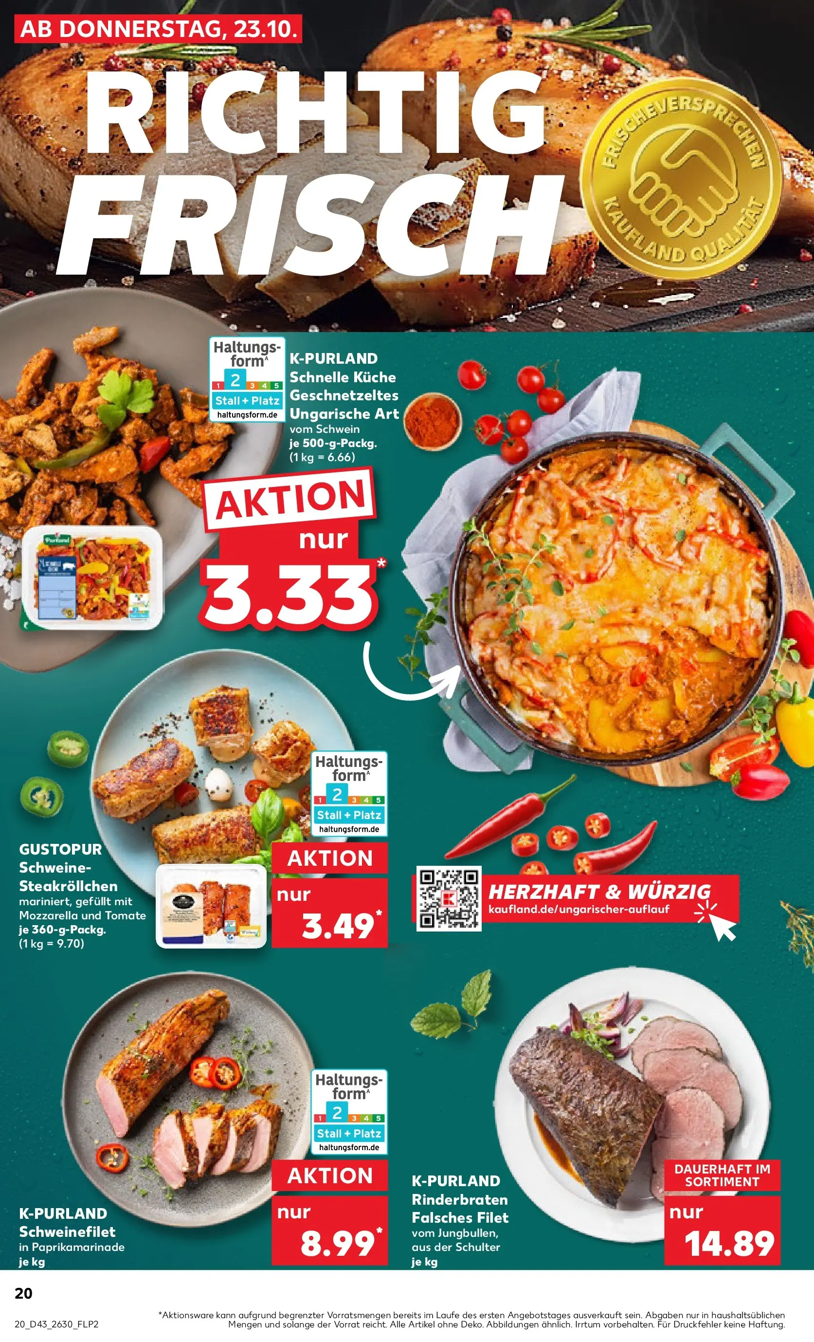 Prospekt Kaufland ab 23.10.2025 » Angebote Online zum Blättern | Seite: 20 | Produkte: Rinderbraten, Mozzarella, Küche, Schweinefilet