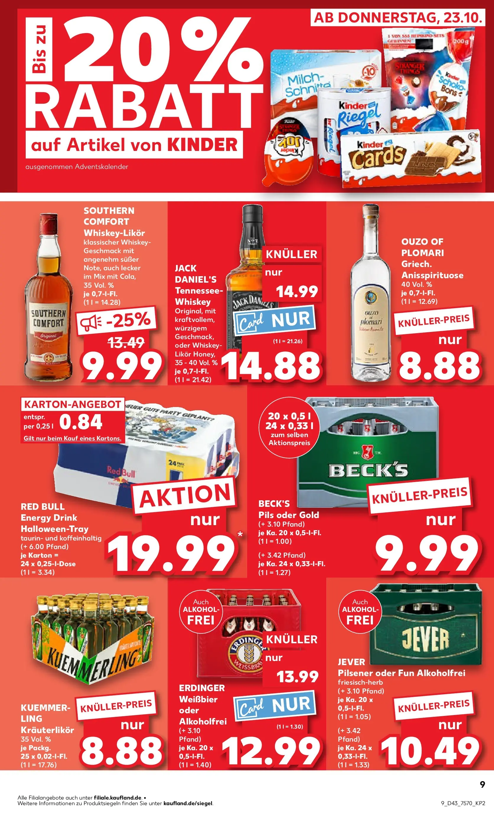 Prospekt Kaufland ab 22.10.2025 » Angebote Online zum Blättern | Seite: 9 | Produkte: Red bull, Kinder riegel, Jever, Southern comfort