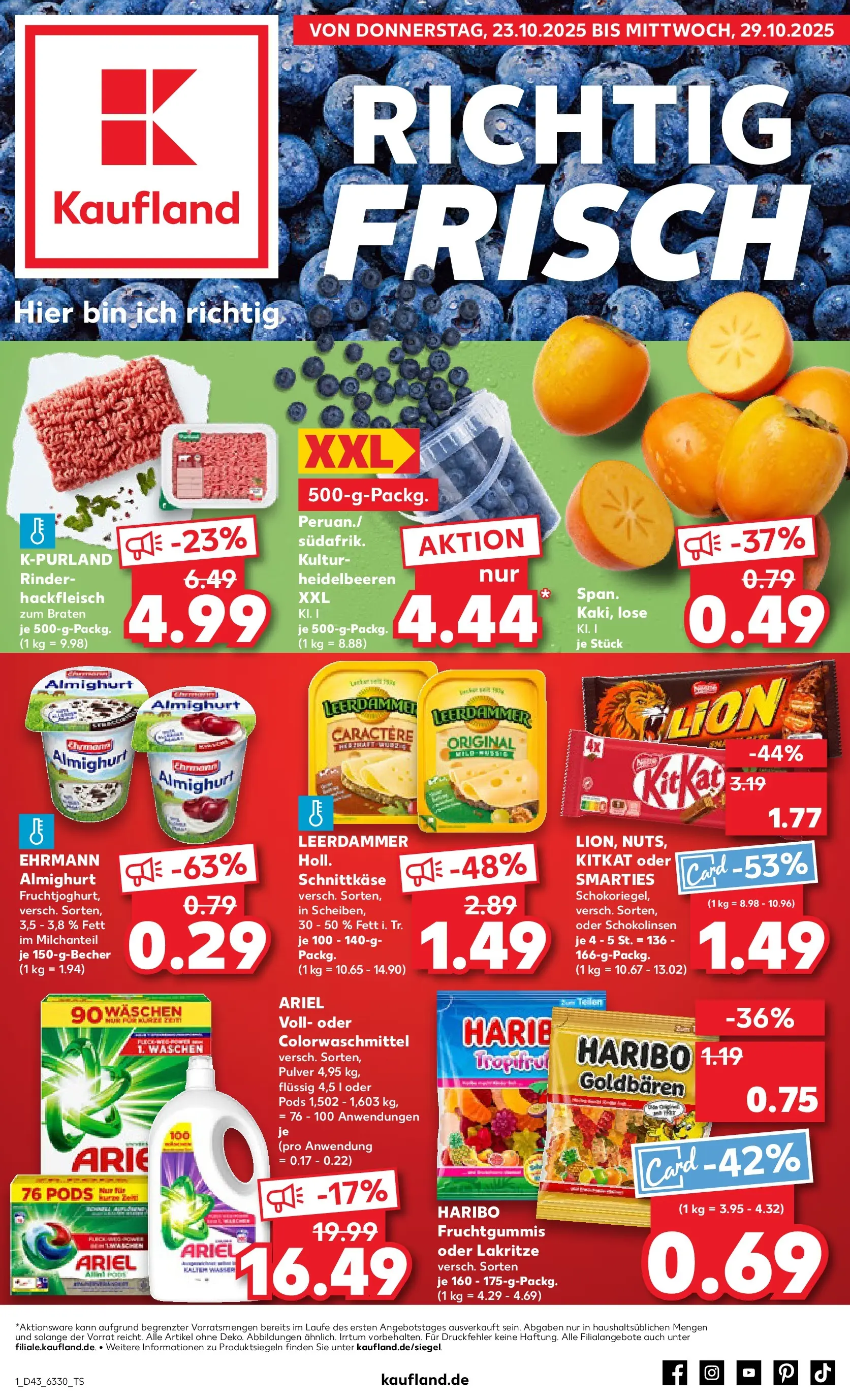 Prospekt Kaufland ab 23.10.2025 » Angebote Online zum Blättern | Seite: 1 | Produkte: Ariel, Smarties, Leerdammer, Heidelbeeren