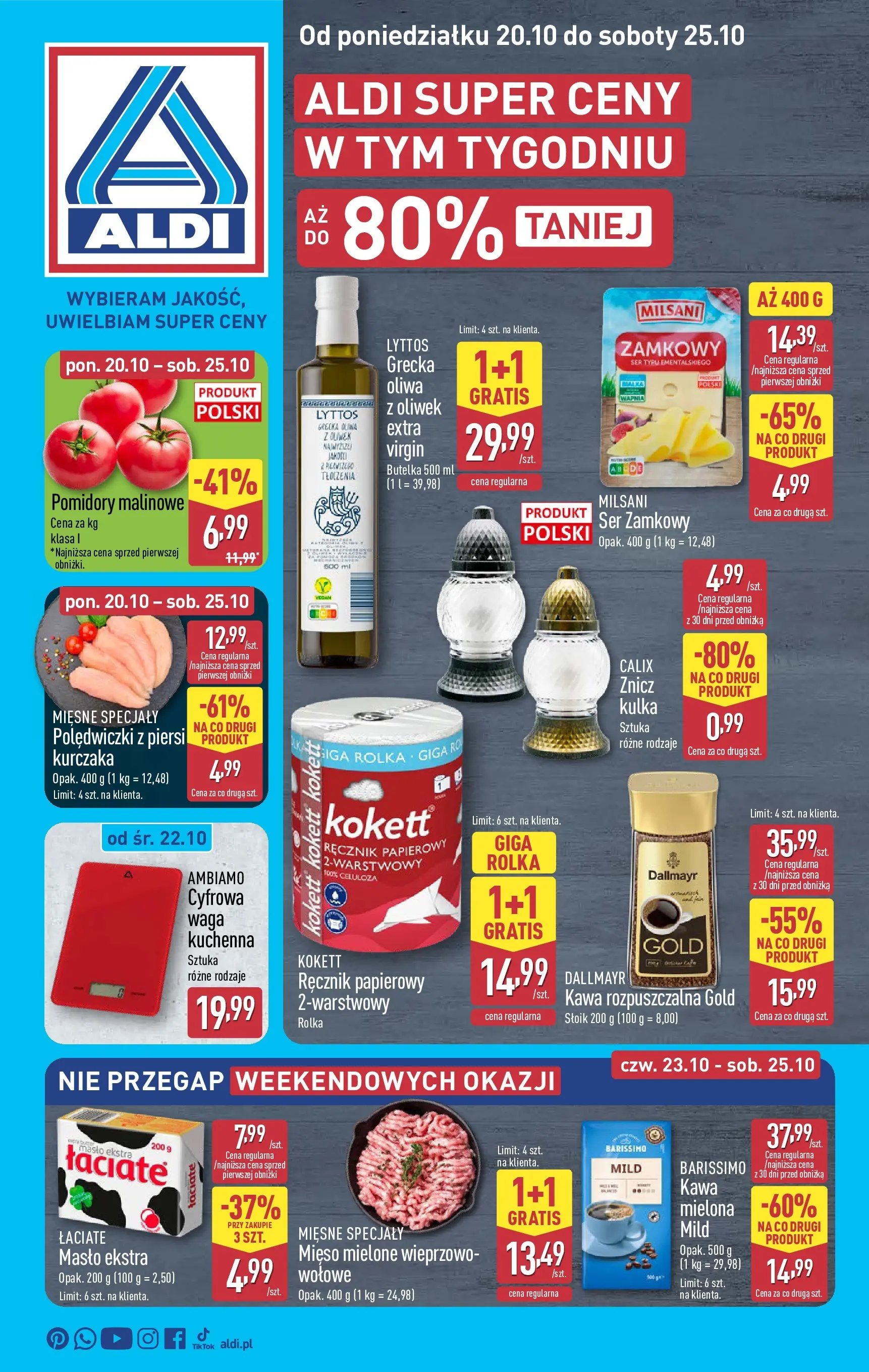 Aldi - Aż do 80% taniej w ALDI od 19.10.2025 - Ulotka PDF, promocje | Strona: 1 | Produkty: Mięso, Kawa rozpuszczalna, Ser, Ręcznik papierowy