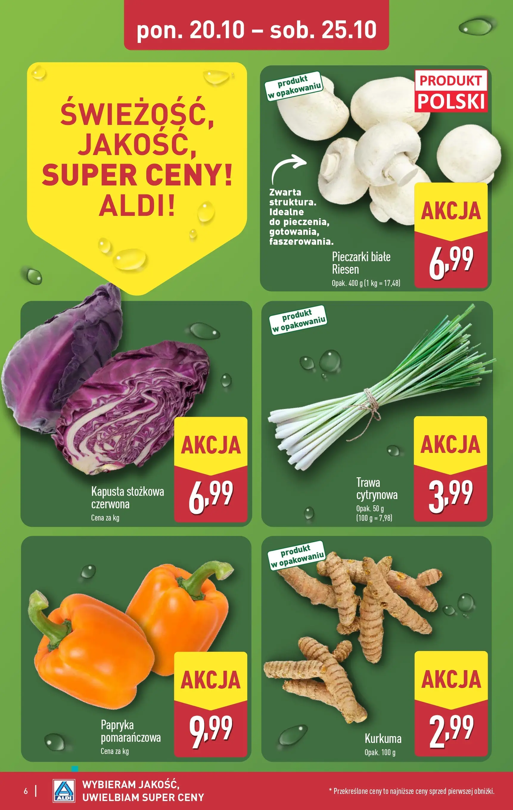 Aldi - Aż do 80% taniej w ALDI od 19.10.2025 - Ulotka PDF, promocje | Strona: 6 | Produkty: Kapusta, Pieczarki, Pieczarki białe, Kurkuma