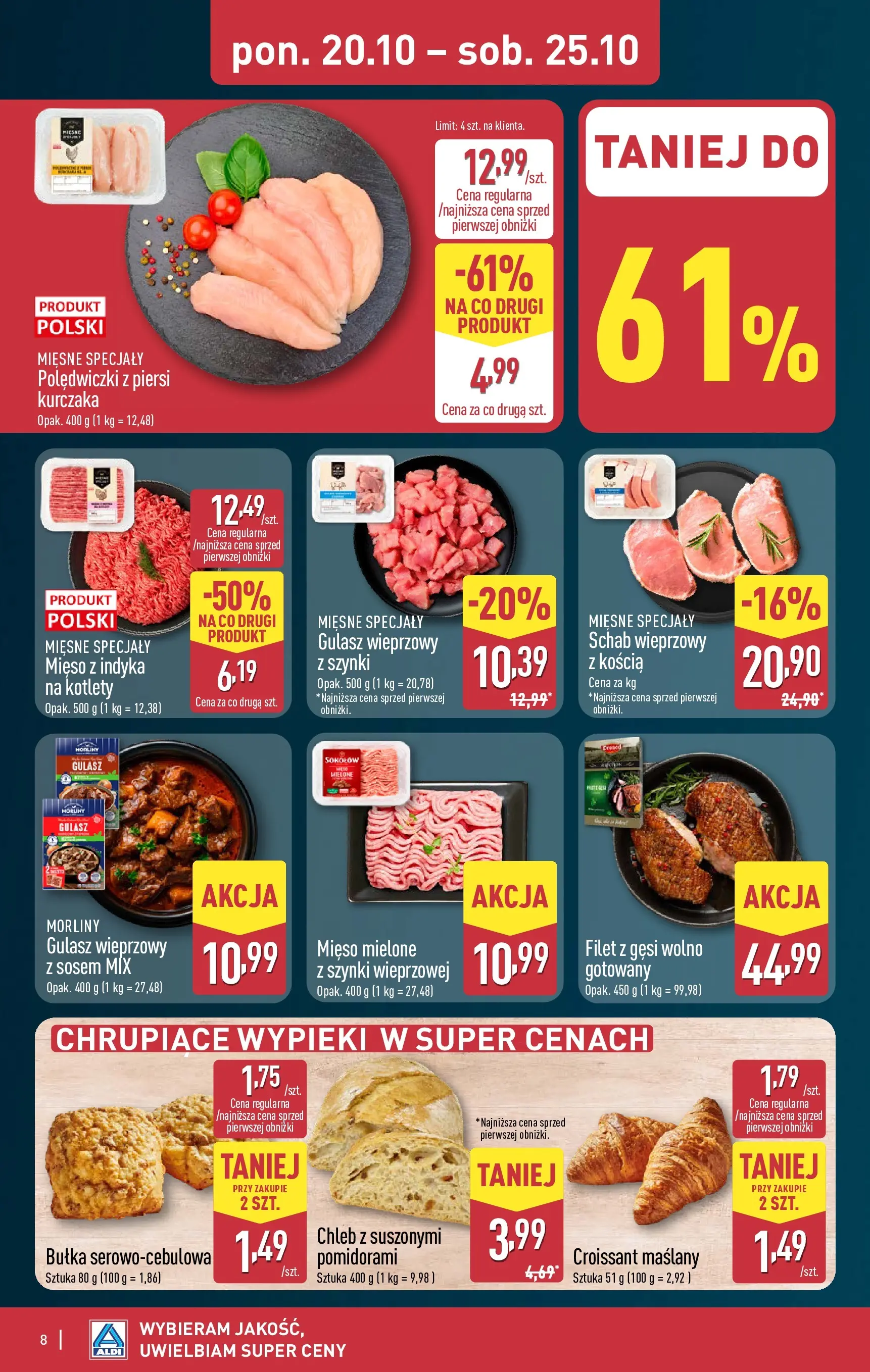 Aldi - Aż do 80% taniej w ALDI od 19.10.2025 - Ulotka PDF, promocje | Strona: 8 | Produkty: Schab wieprzowy, Mięso z indyka, Bułka, Kotlety