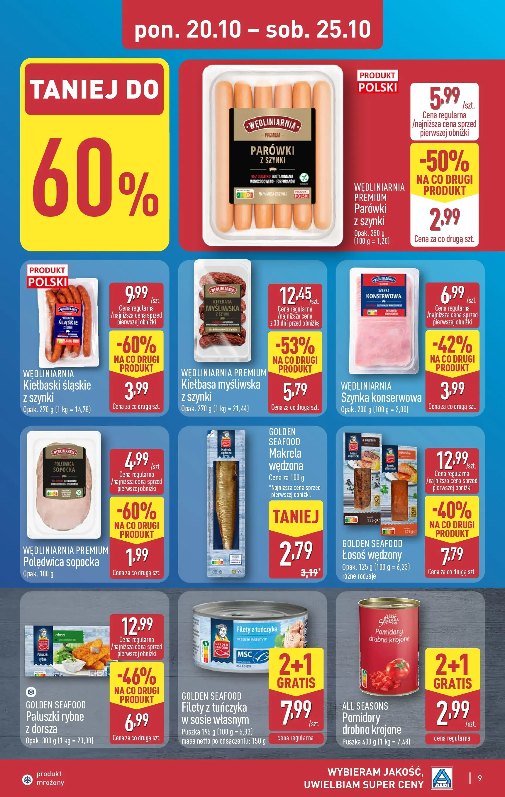 Aldi - Aż do 80% taniej w ALDI od 19.10.2025 - Ulotka PDF, promocje | Strona: 9 | Produkty: Kiełbasa, Parówki, Kiełbaski, Makrela