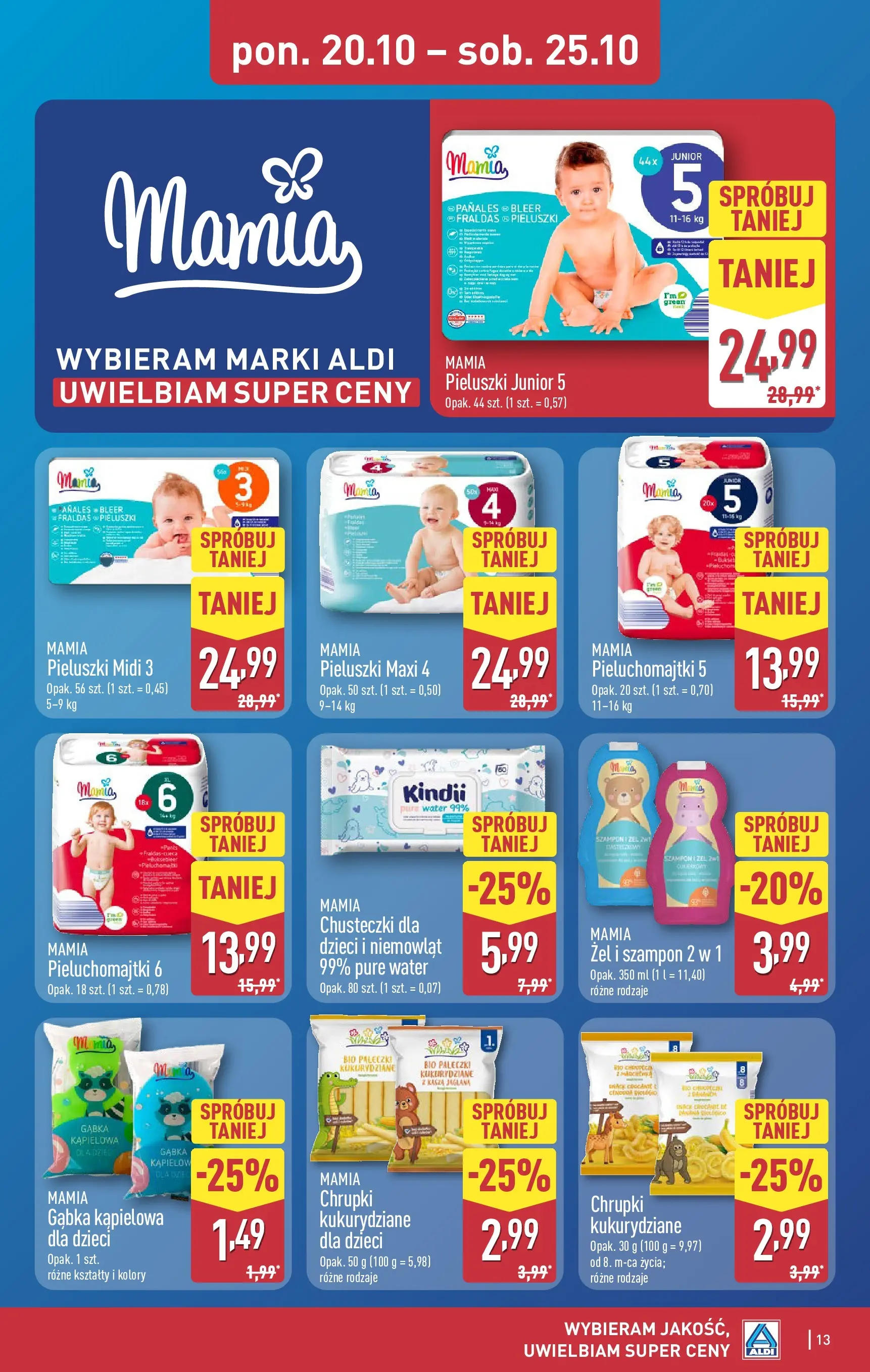 Aldi - Aż do 80% taniej w ALDI od 19.10.2025 - Ulotka PDF, promocje | Strona: 13 | Produkty: Pieluchomajtki, Gąbka, Szampon, Kasza jaglana
