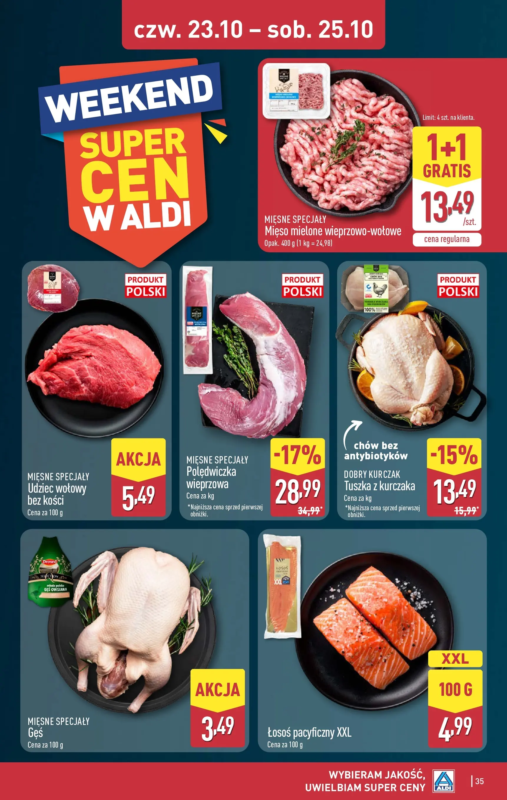 Aldi - Aż do 80% taniej w ALDI od 19.10.2025 - Ulotka PDF, promocje | Strona: 35 | Produkty: Mięso, Gęś owsiana, Gęś, Łosoś