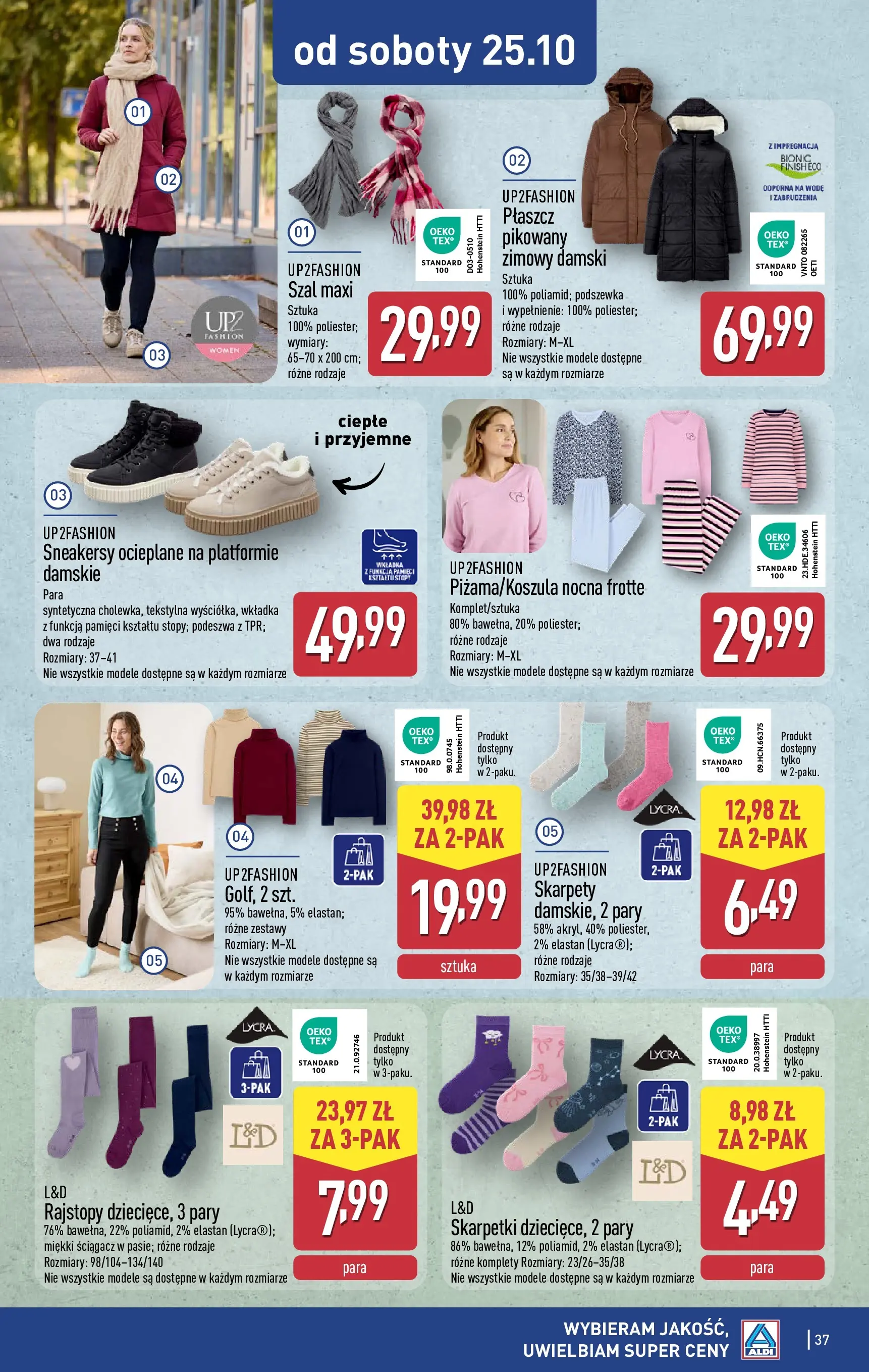 Aldi - Aż do 80% taniej w ALDI od 19.10.2025 - Ulotka PDF, promocje | Strona: 37 | Produkty: Płaszcz, Skarpety, Szal, Skarpetki