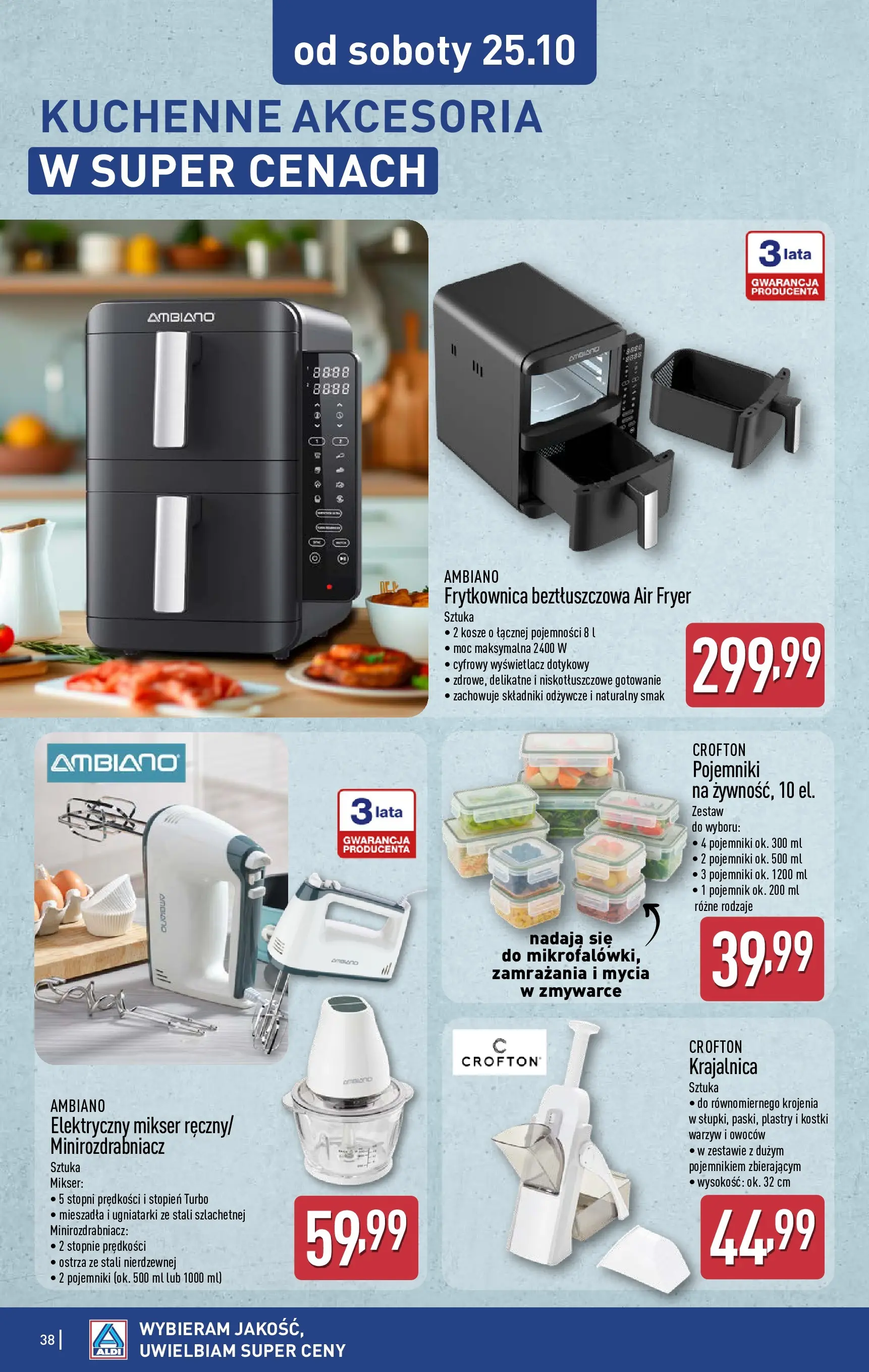 Aldi - Aż do 80% taniej w ALDI od 19.10.2025 - Ulotka PDF, promocje | Strona: 38 | Produkty: Krajalnica, Mikser, Frytkownica, Frytkownica beztłuszczowa
