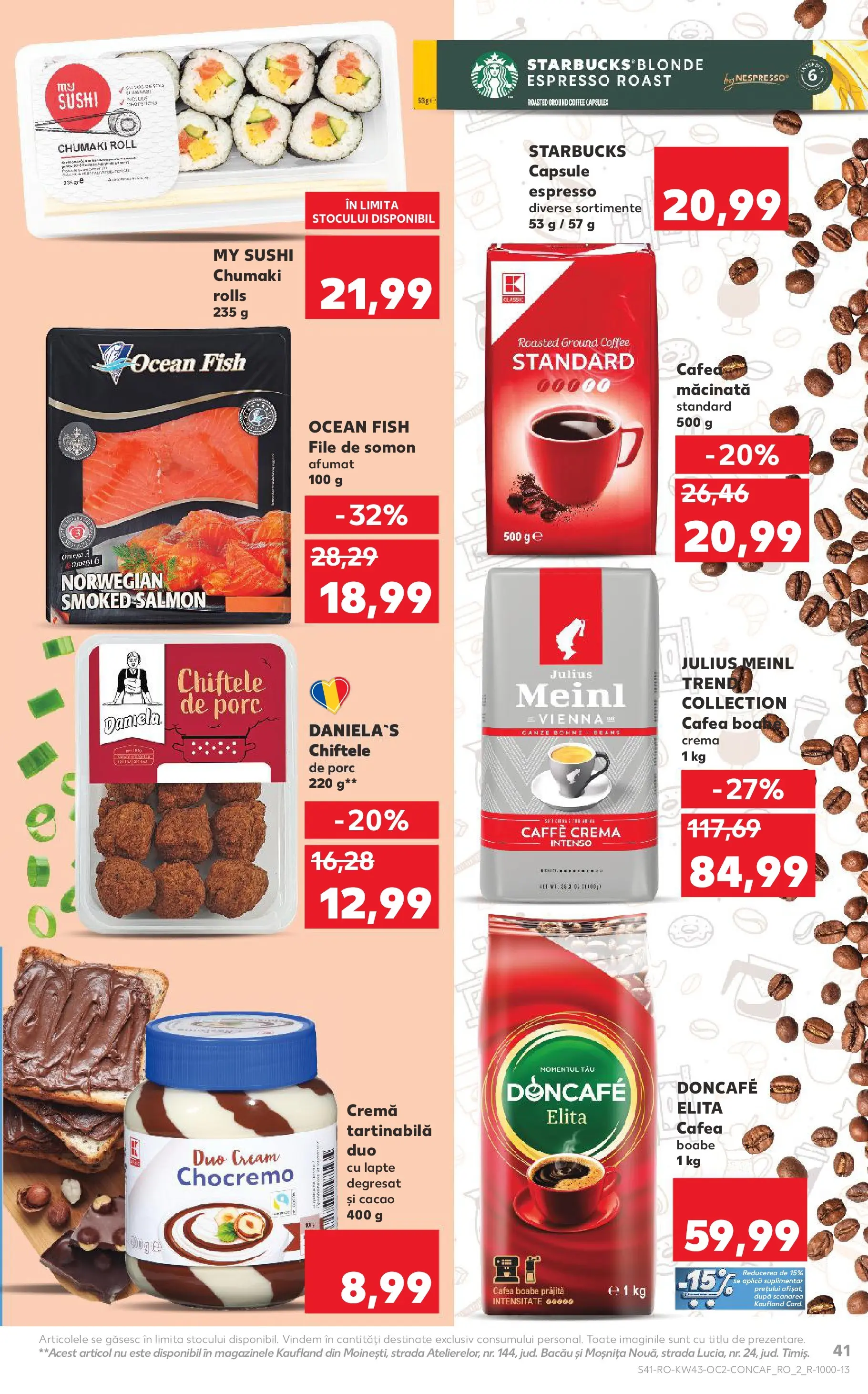 Catalog Kaufland - Pitești 21.10.2025 - Revista si Oferta | Pagină: 41 | Produse: Sushi, Cafea, Cremă tartinabilă, Chiftele